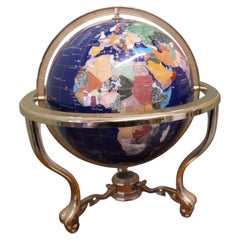 Table Top World Globe in Lapis and Brass Elegant Pietra Dura World Globe