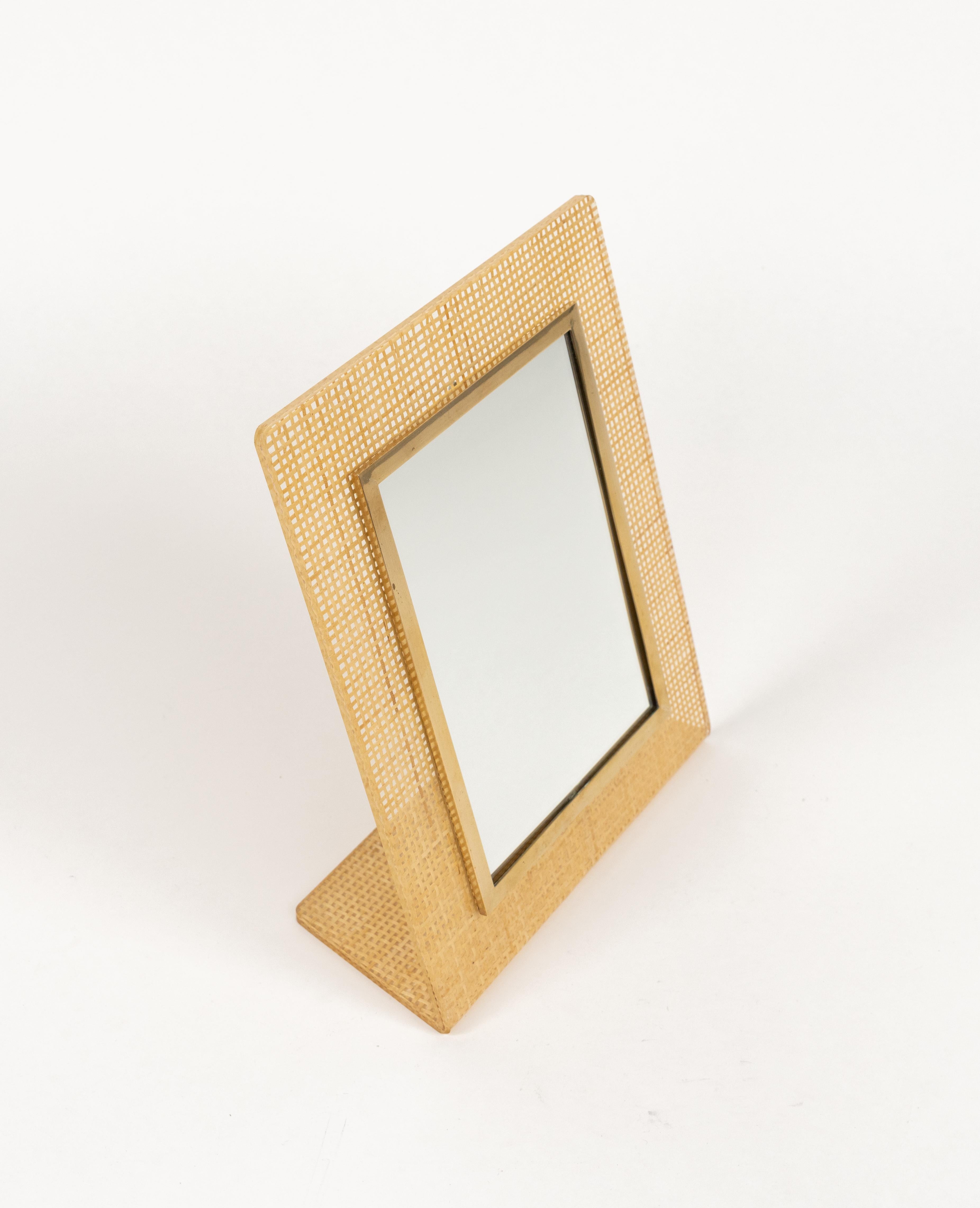 Table Vanity Mirror in Lucite, Wicker & Brass Christian Dior Style, Italy 1970s 4