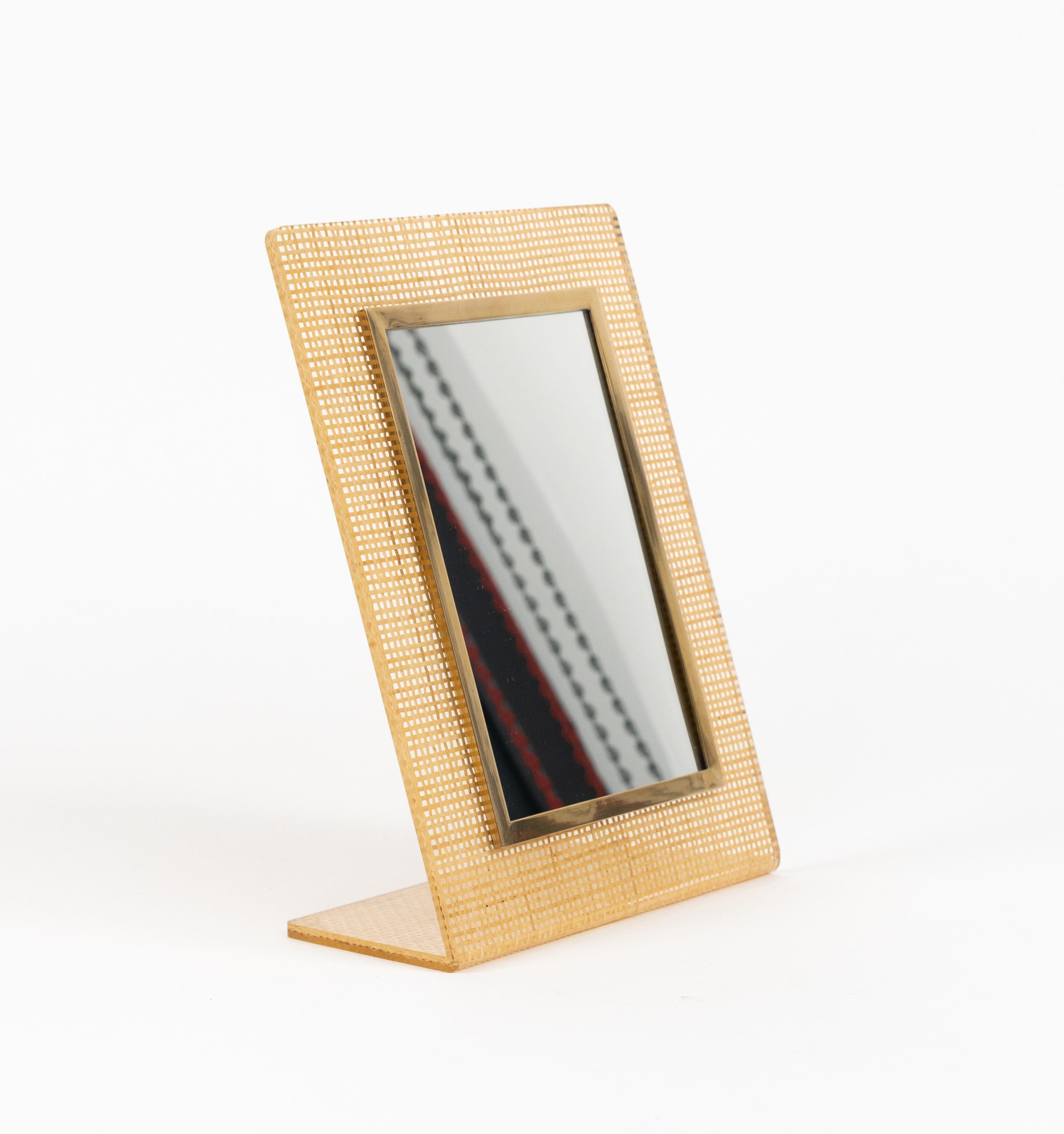 Table Vanity Mirror in Lucite, Wicker & Brass Christian Dior Style, Italy 1970s 5