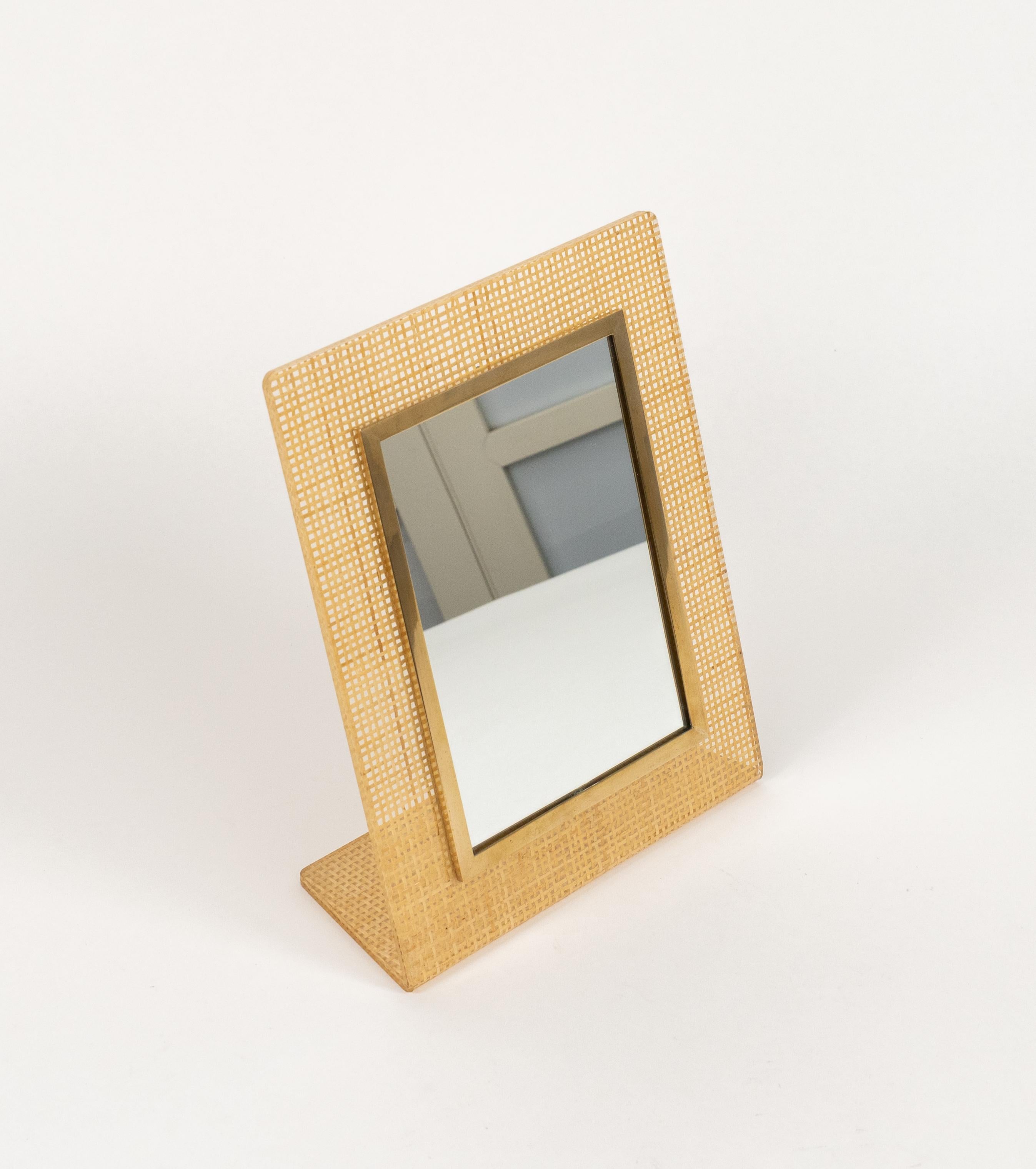 Italian Table Vanity Mirror in Lucite, Wicker & Brass Christian Dior Style, Italy 1970s