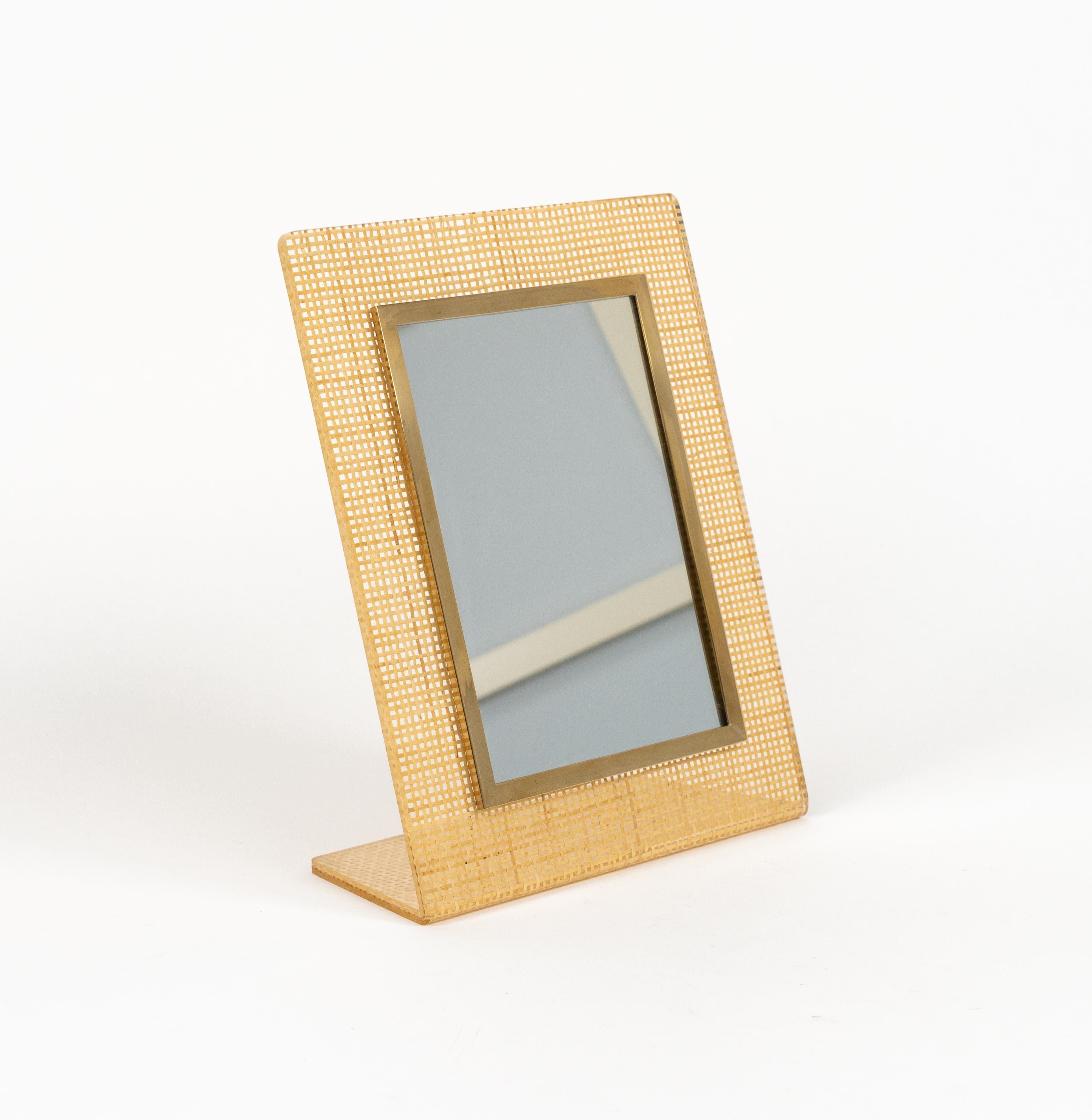 Table Vanity Mirror in Lucite, Wicker & Brass Christian Dior Style, Italy 1970s In Good Condition In Rome, IT