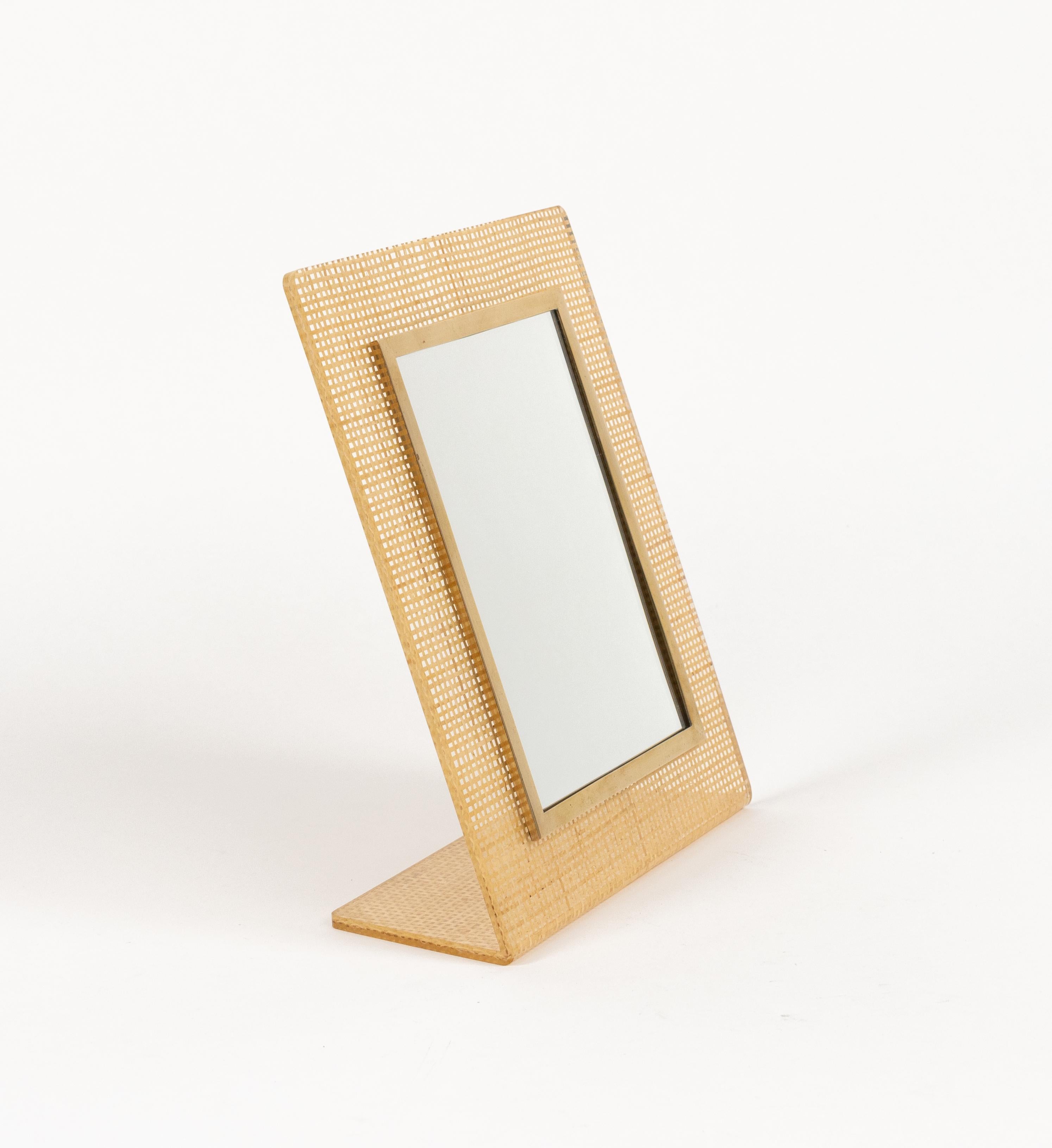 Late 20th Century Table Vanity Mirror in Lucite, Wicker & Brass Christian Dior Style, Italy 1970s
