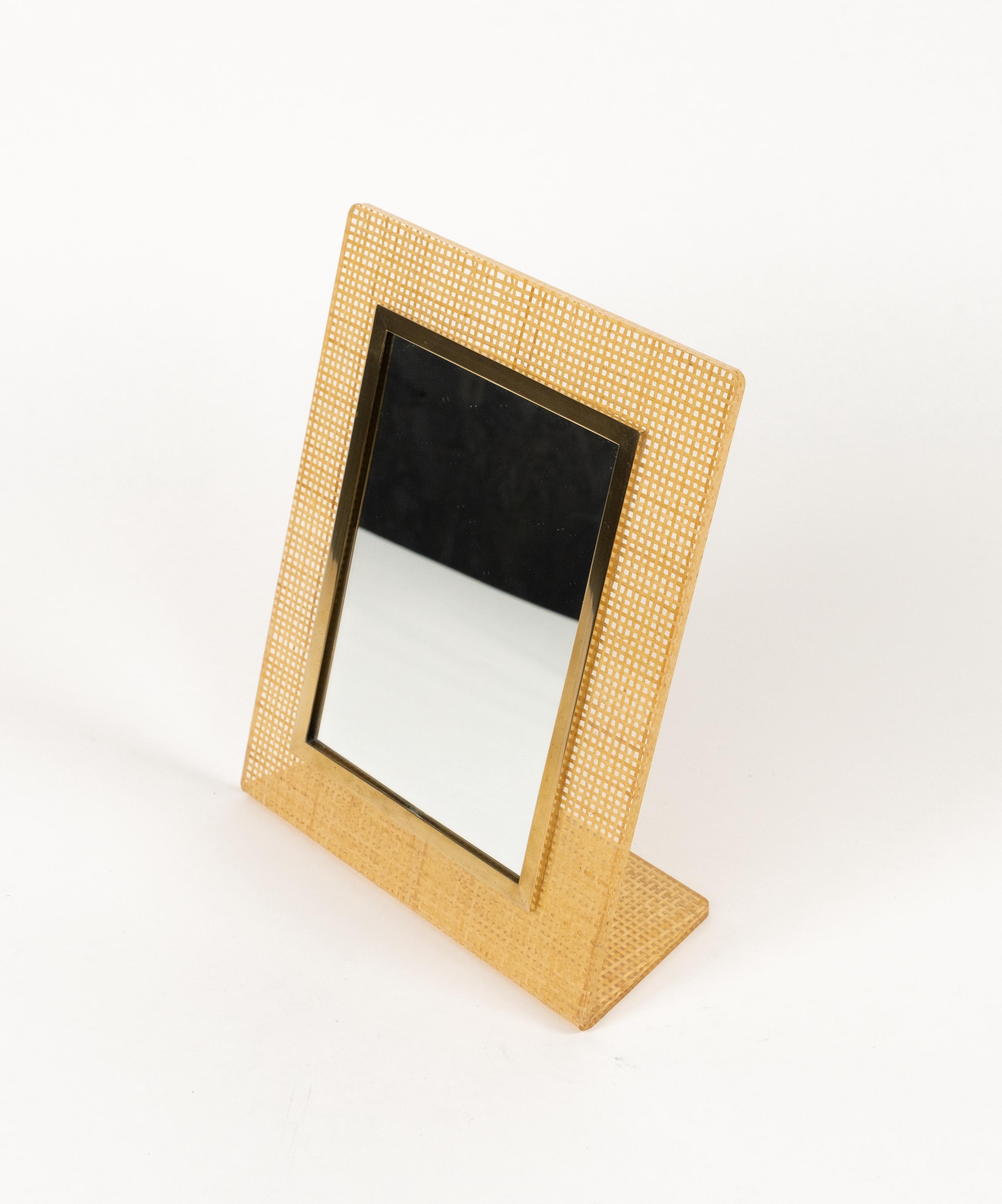 Metal Table Vanity Mirror in Lucite, Wicker & Brass Christian Dior Style, Italy 1970s