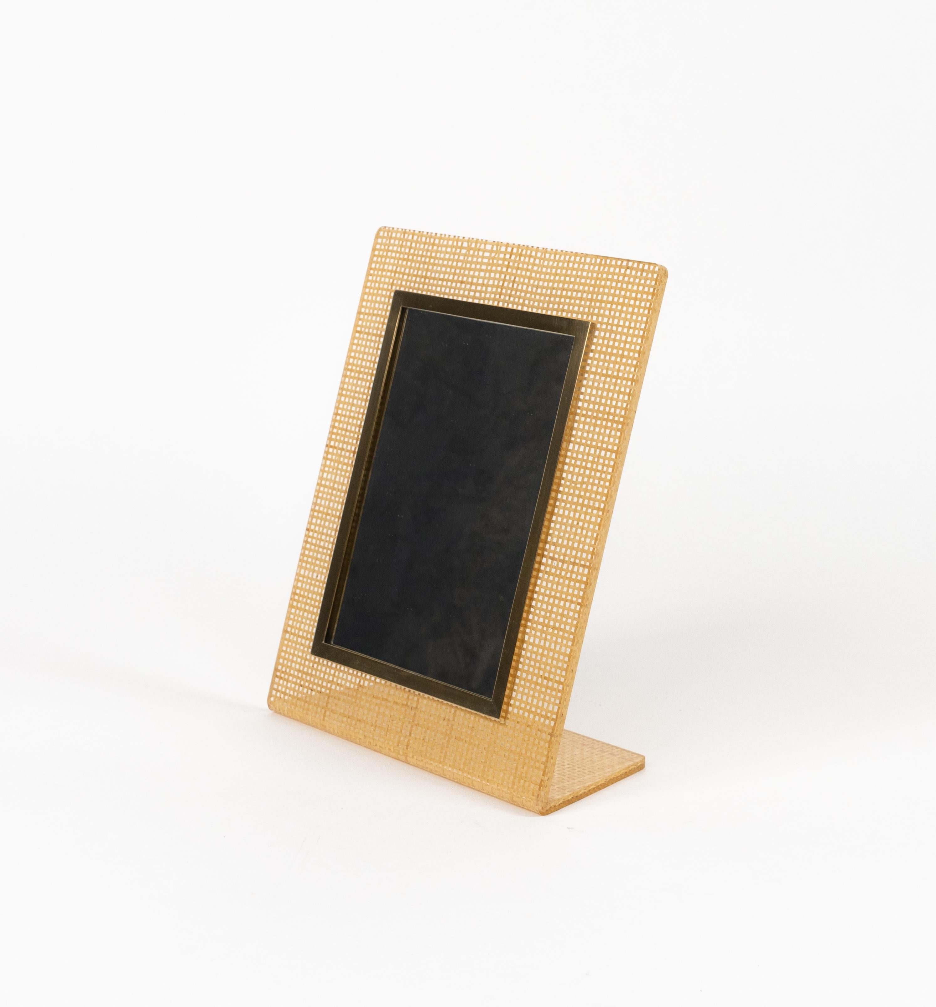 Table Vanity Mirror in Lucite, Wicker & Brass Christian Dior Style, Italy 1970s 1