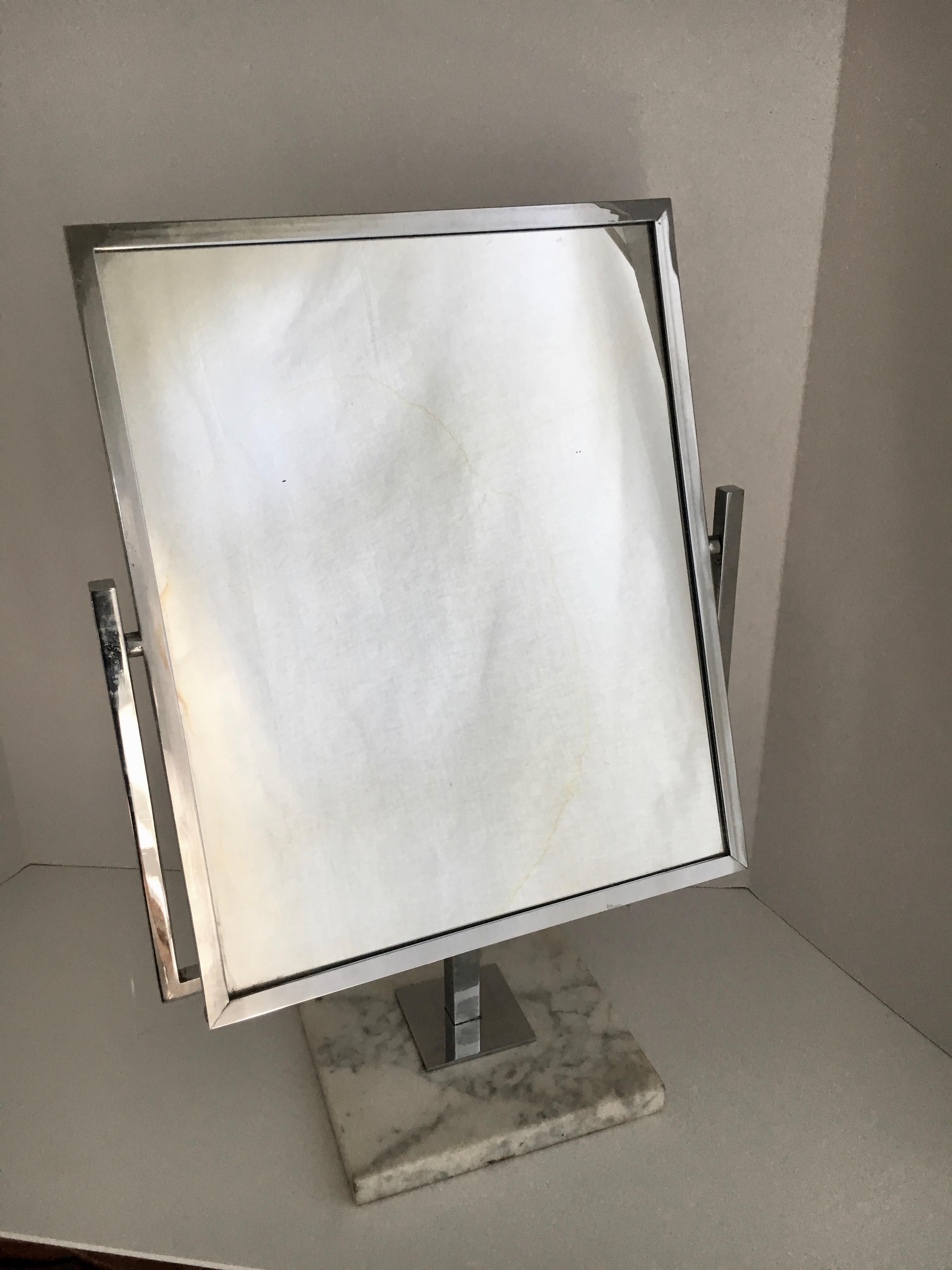 Vintage large chrome-plated table vanity mirror on marble base - This could be Charles Hollis Jones, but we aren't certain - a handsome mirror in very good condition with mirror on both sides - neither mirror is magnified. Perfect for your bathroom,