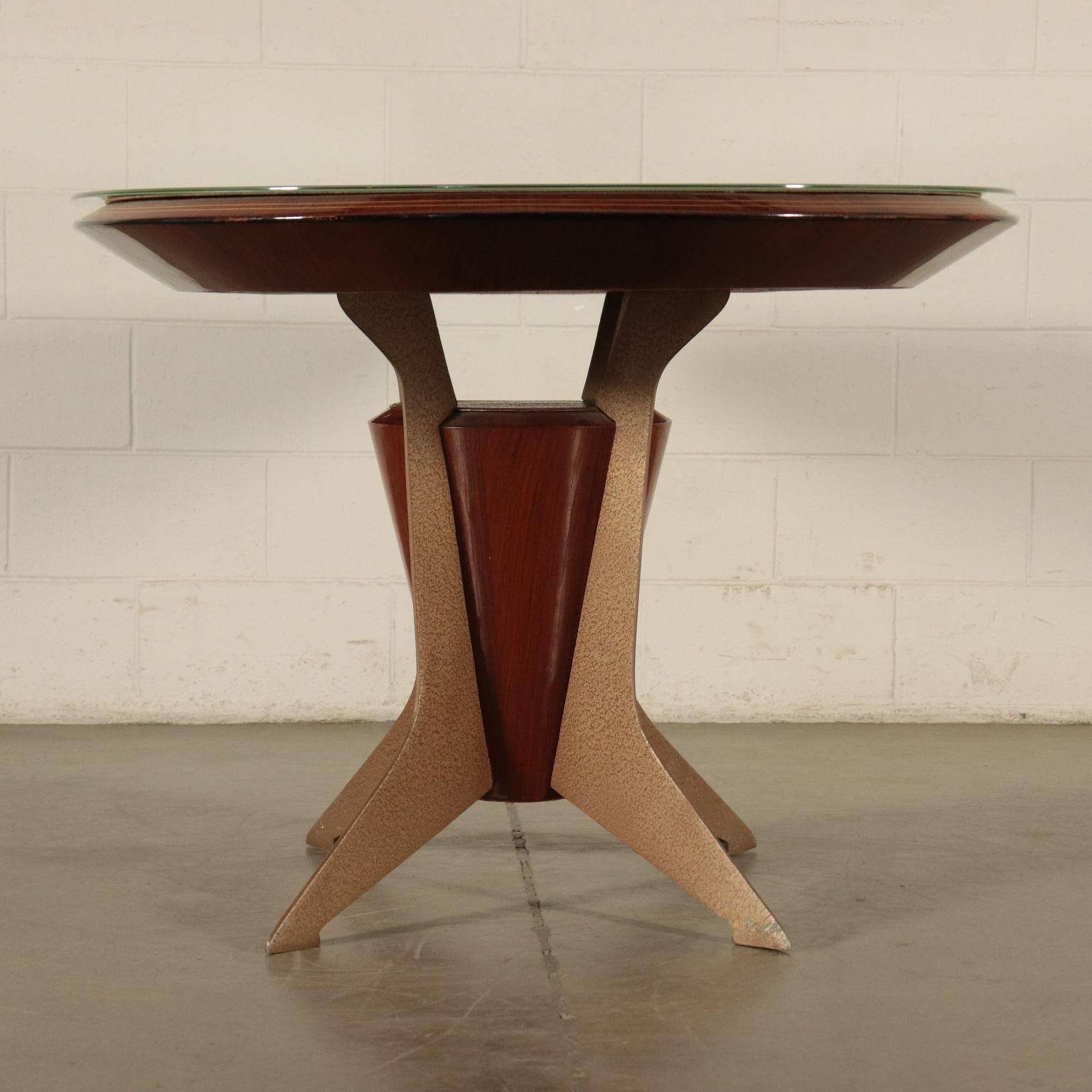 Mid-Century Modern Table, Veneer Wood Metal Back-Treated Glass, Italy, 1950s-1960s
