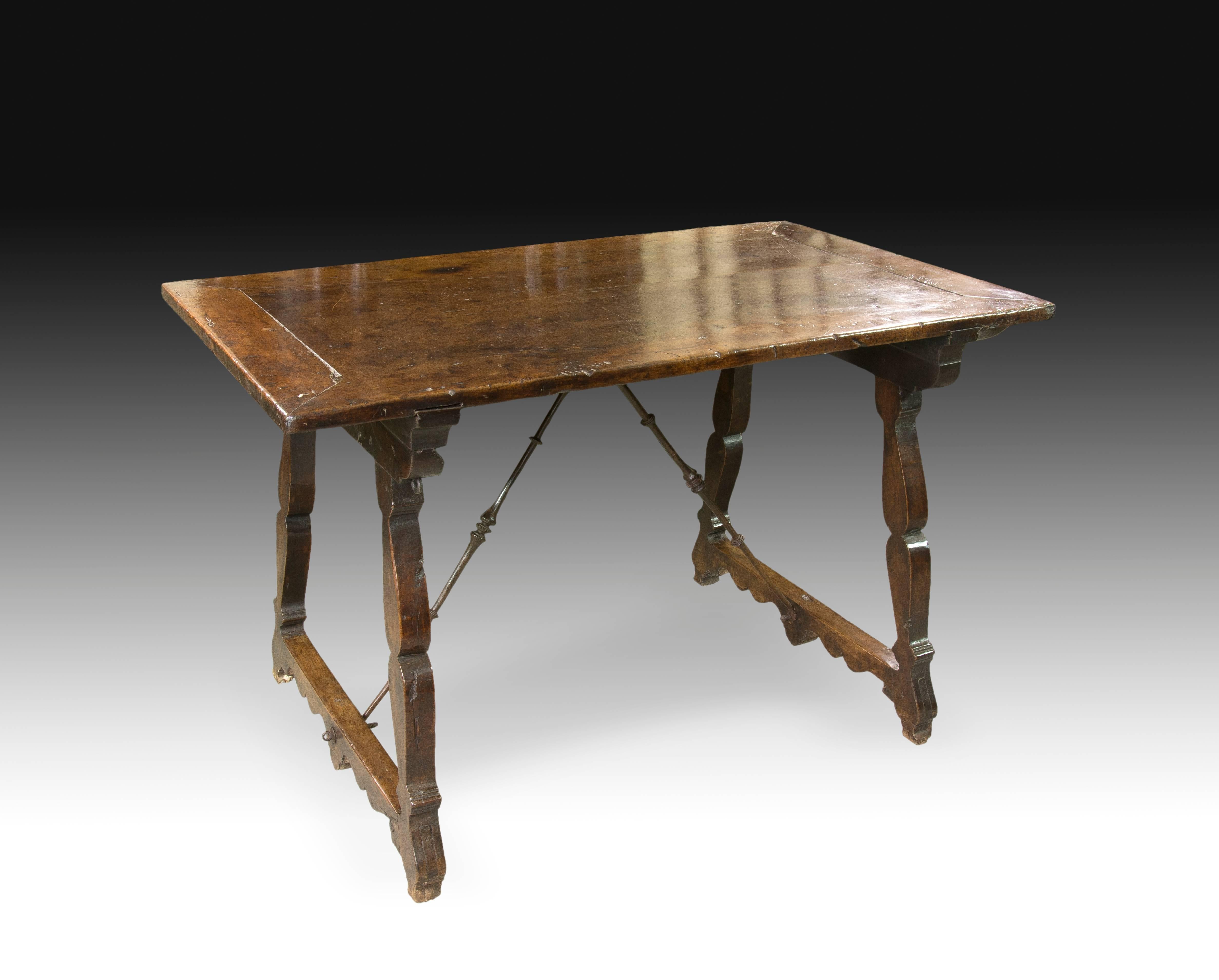 Baroque Walnut and Wrought Iron Table, Spain, 17th Century
