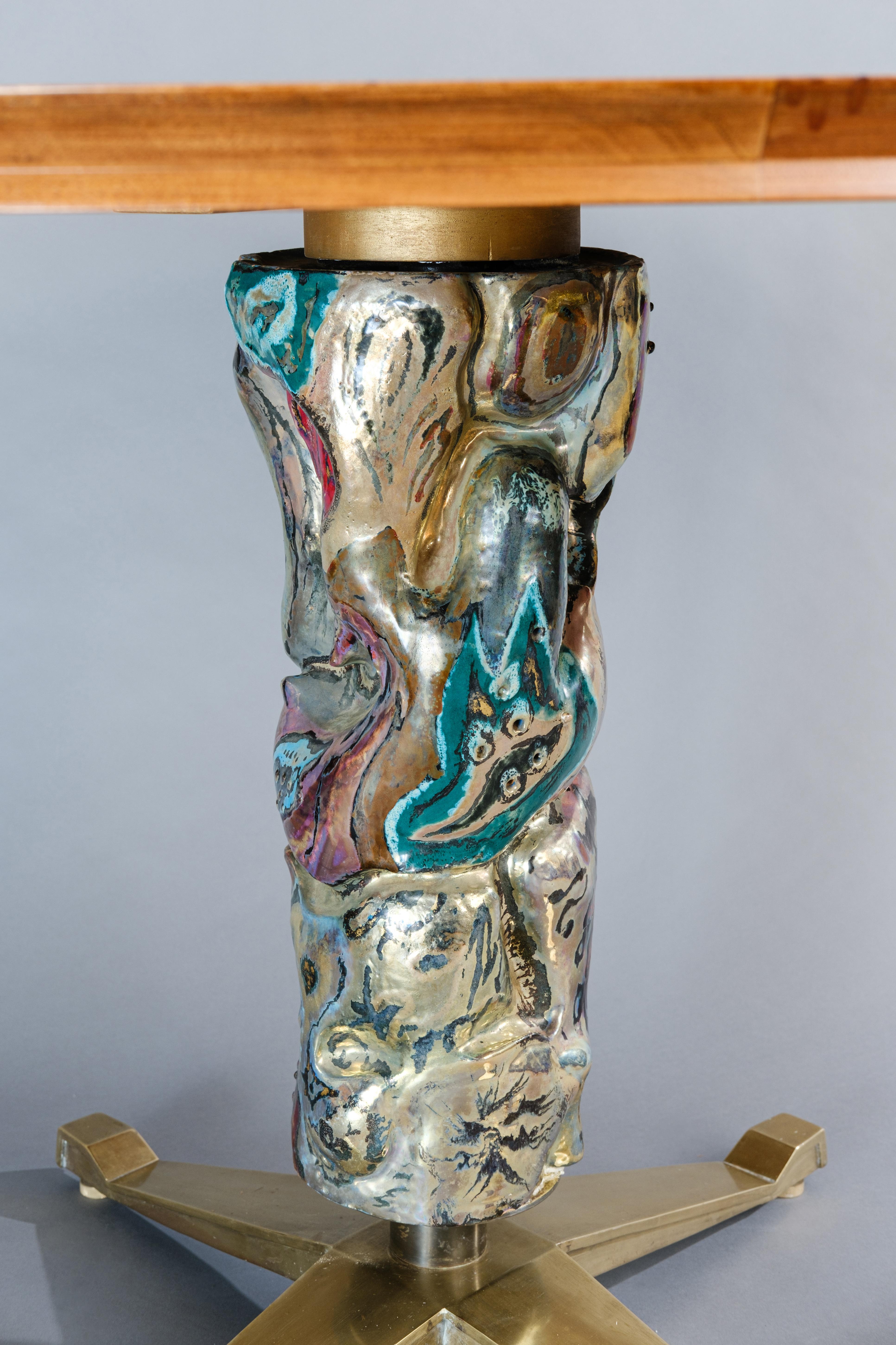 Brass Table with central column in majolica Prod. Vittorio Bega Furniture Bologna For Sale