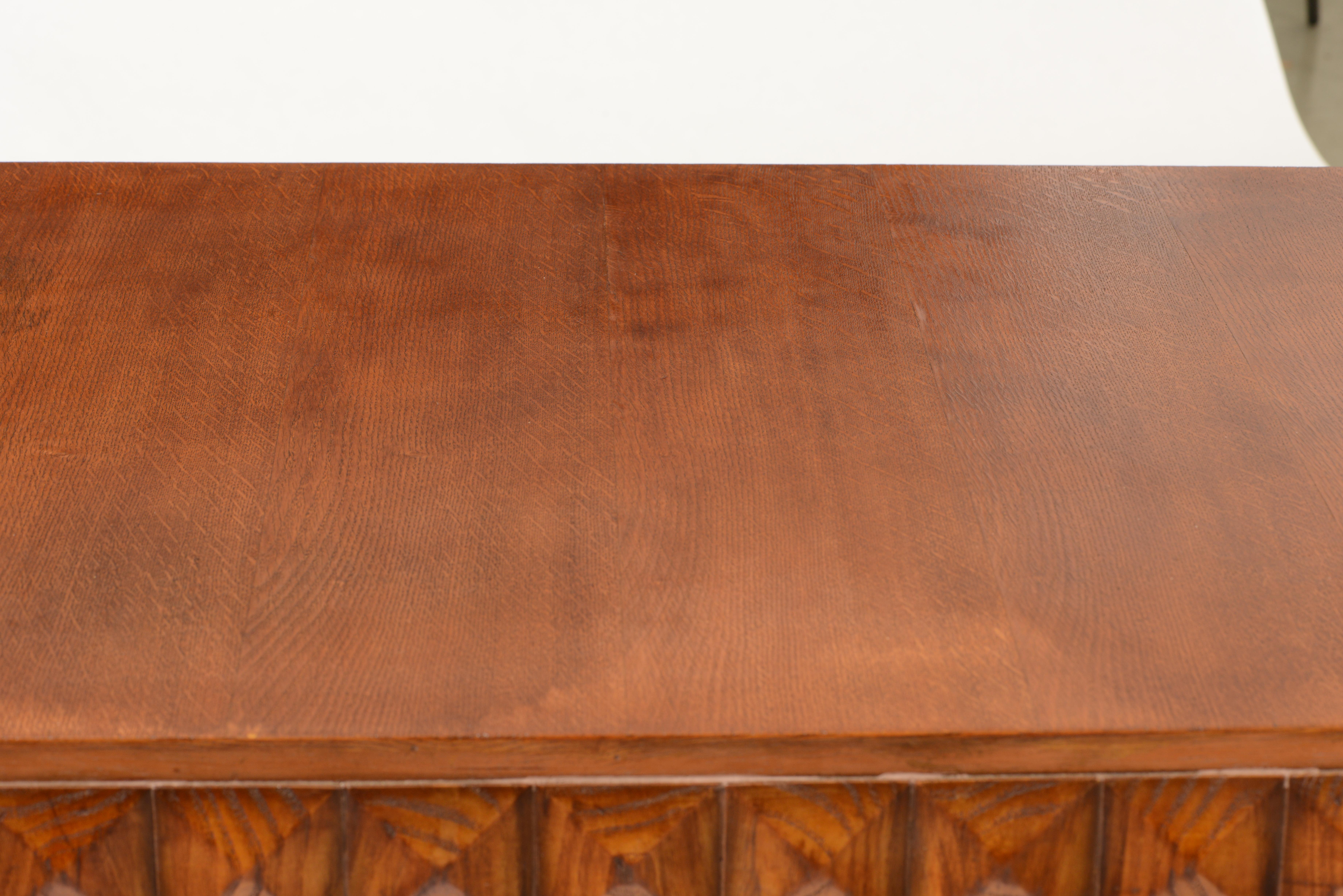 Oak Table with Faceted Edge Motif and Fluted Panel Legs, Italy, 1940's For Sale