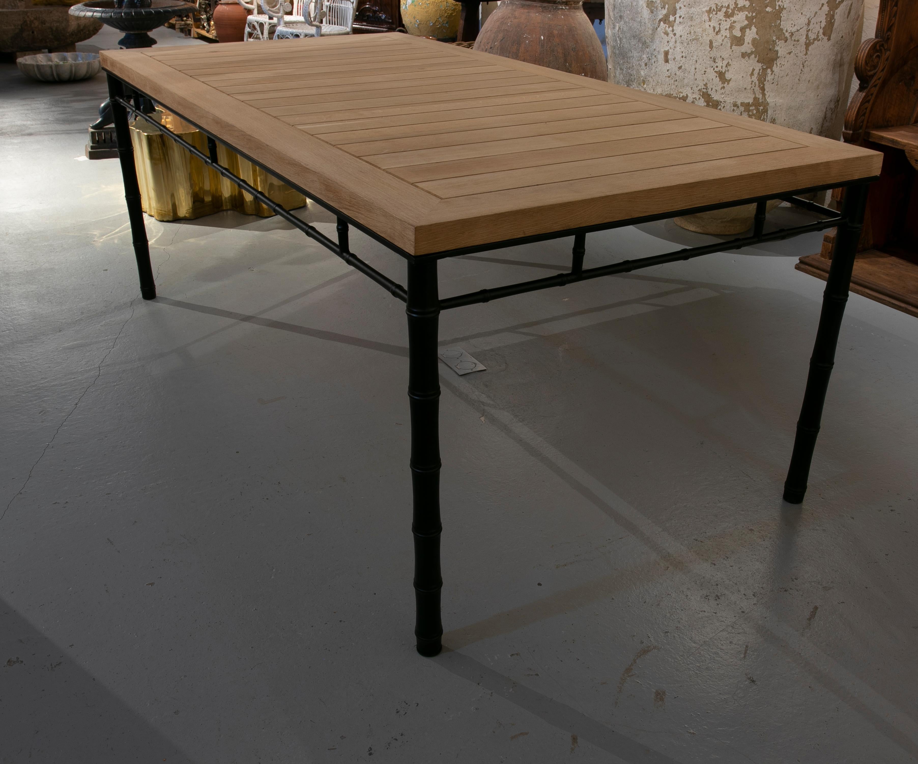 Contemporary Table with Iron Base Imitating Bamboo with Wooden Top in its Original Colour. For Sale