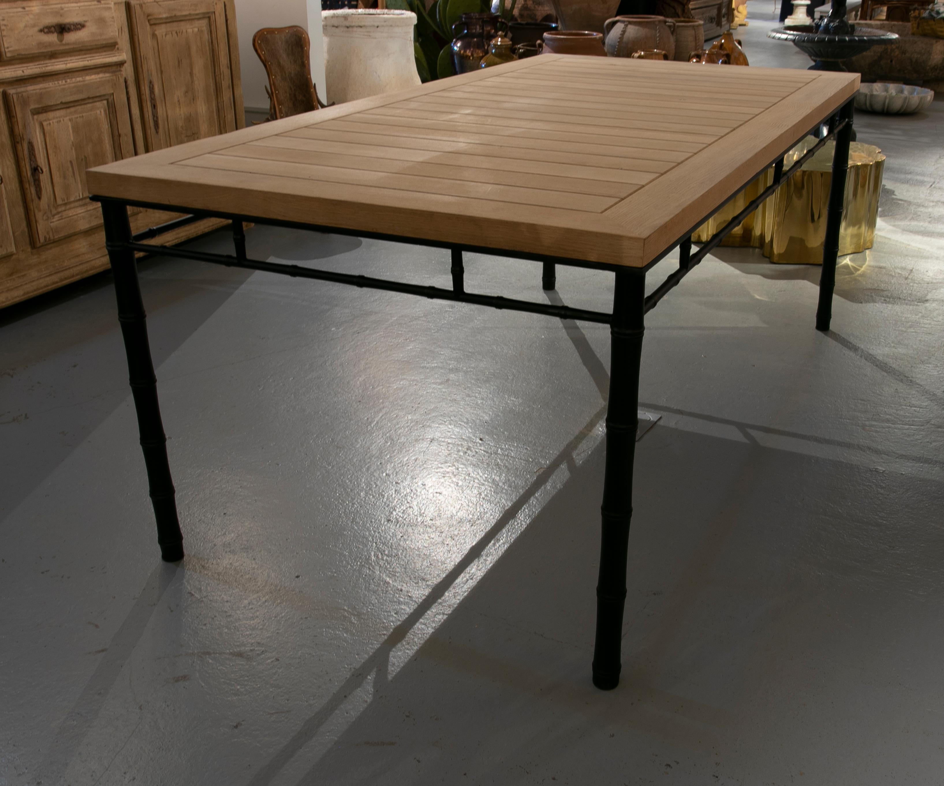 Table with Iron Base Imitating Bamboo with Wooden Top in its Original Colour. For Sale 2