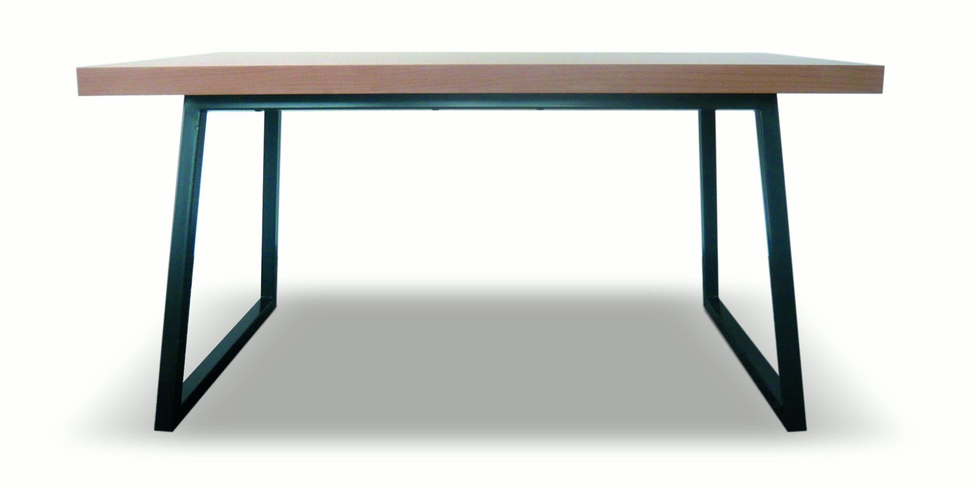 Table with metal base made of MDF lined beechwood. The base is bent, galvanised metal, oven-painted with acrylic grey color.
Measures: 86 cm x 140 cm x 76 cm

The adjacent stool (one) is made of compressed MDF, lined with beechwood.
Measures: 46