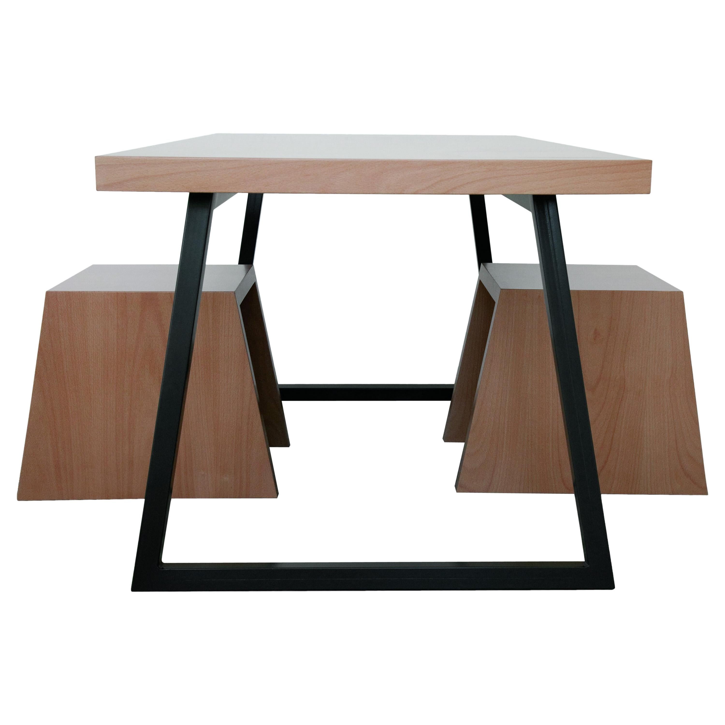 21st Century, Minimalist, European, Beechwood Table with Metal Base and a Stool For Sale