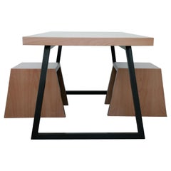 21st Century, Minimalist, European, Beechwood Table with Metal Base and a Stool