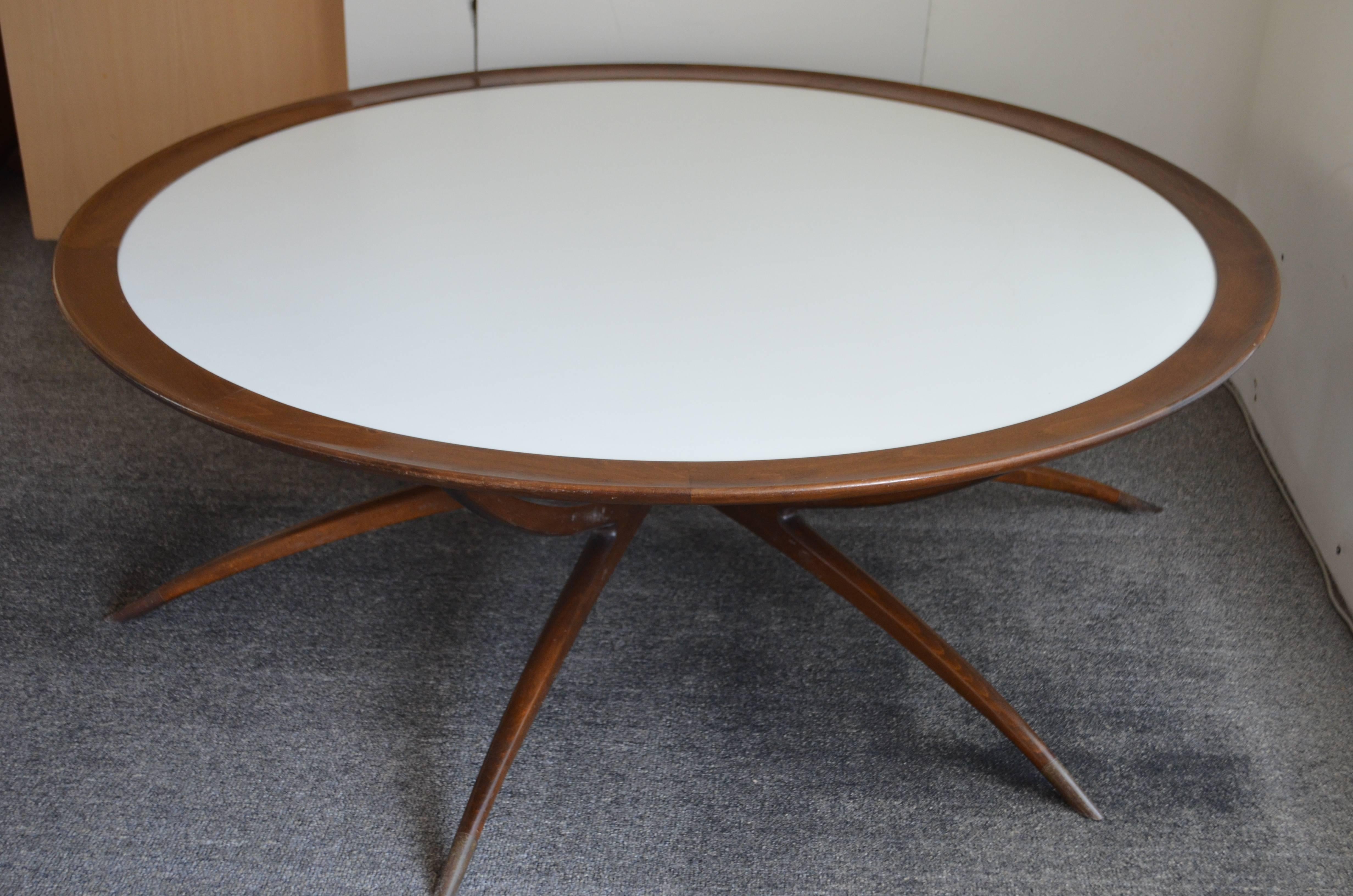 Mid-Century Modern Table with Spider Leg Base and Milk Glass Top Attributed to Carlo di Carli