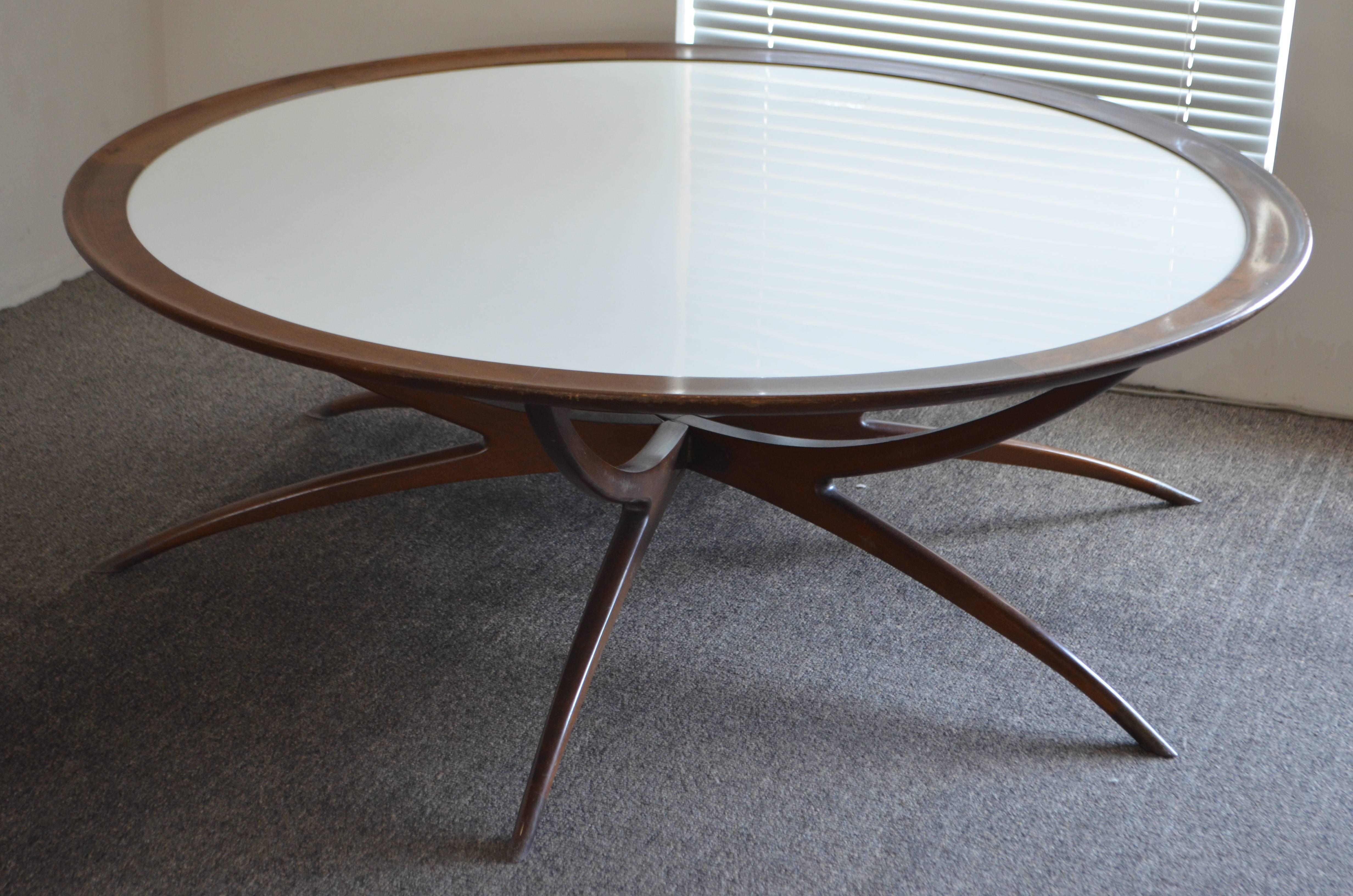 Mid-20th Century Table with Spider Leg Base and Milk Glass Top Attributed to Carlo di Carli