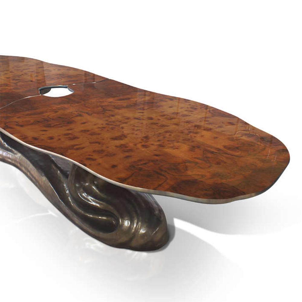 Portuguese Dali Dining Table with Top in Two Parts Lacquered Burl Elm High Gloss For Sale