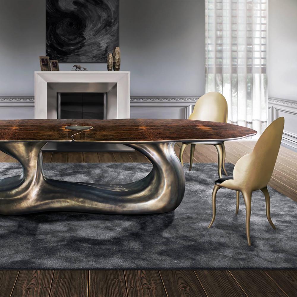 Contemporary Dali Dining Table with Top in Two Parts Lacquered Burl Elm High Gloss For Sale