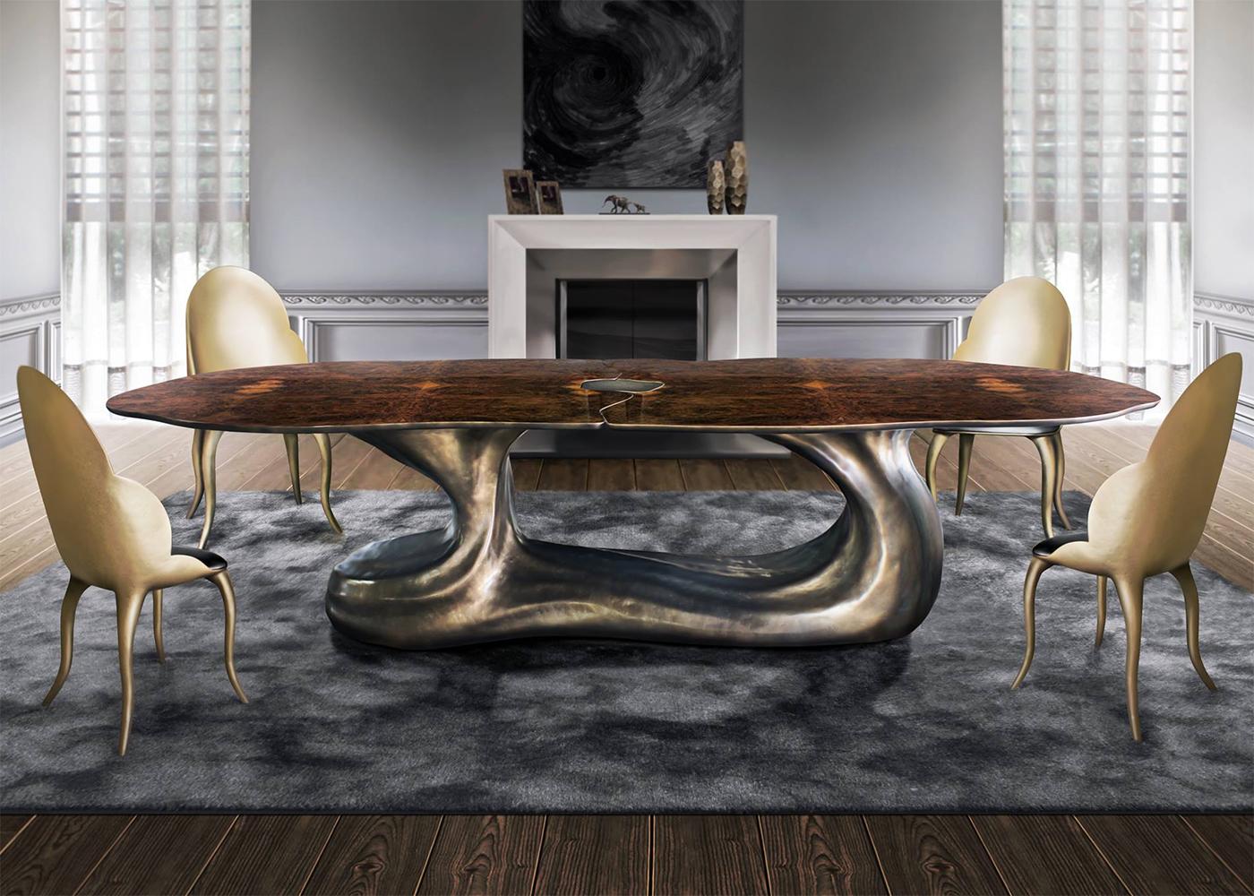 Wood Dali Dining Table with Top in Two Parts Lacquered Burl Elm High Gloss For Sale