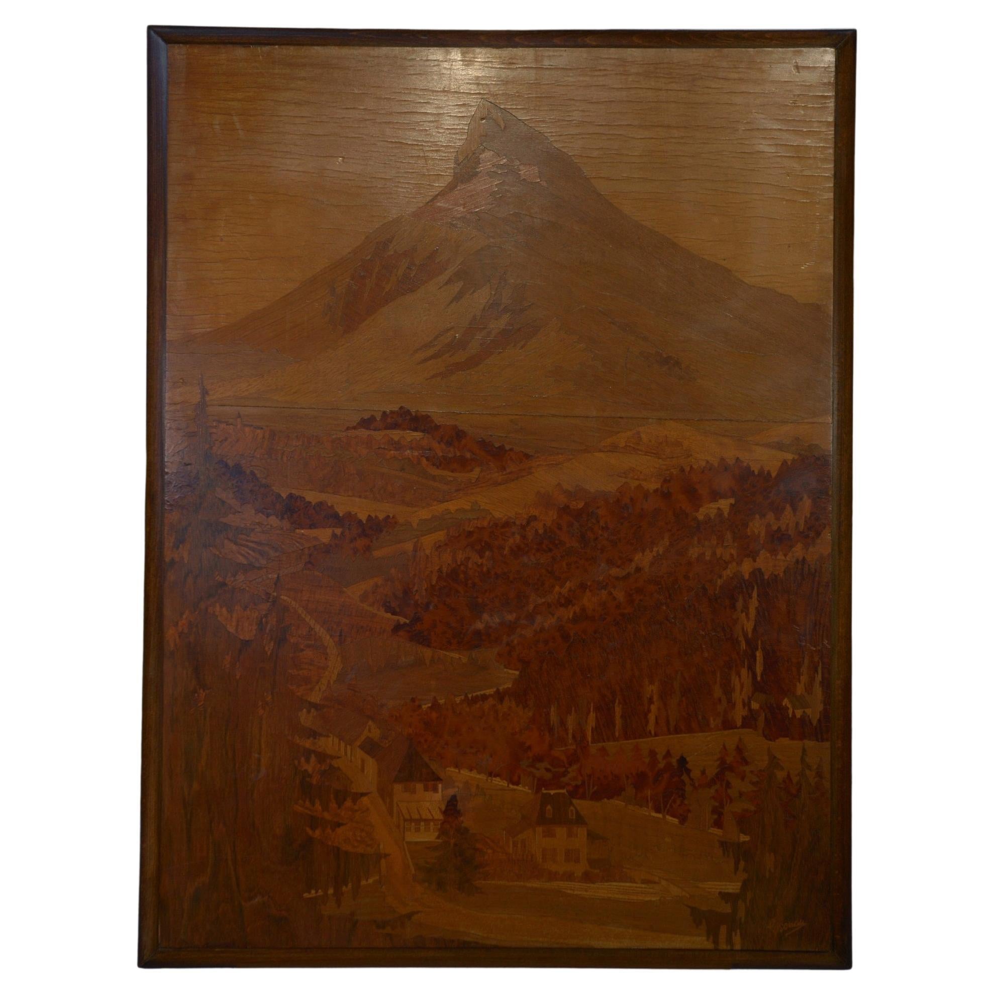 Tableau bois marqueterie décor de montage signé PIERRE ROSENAU Milieu XXème