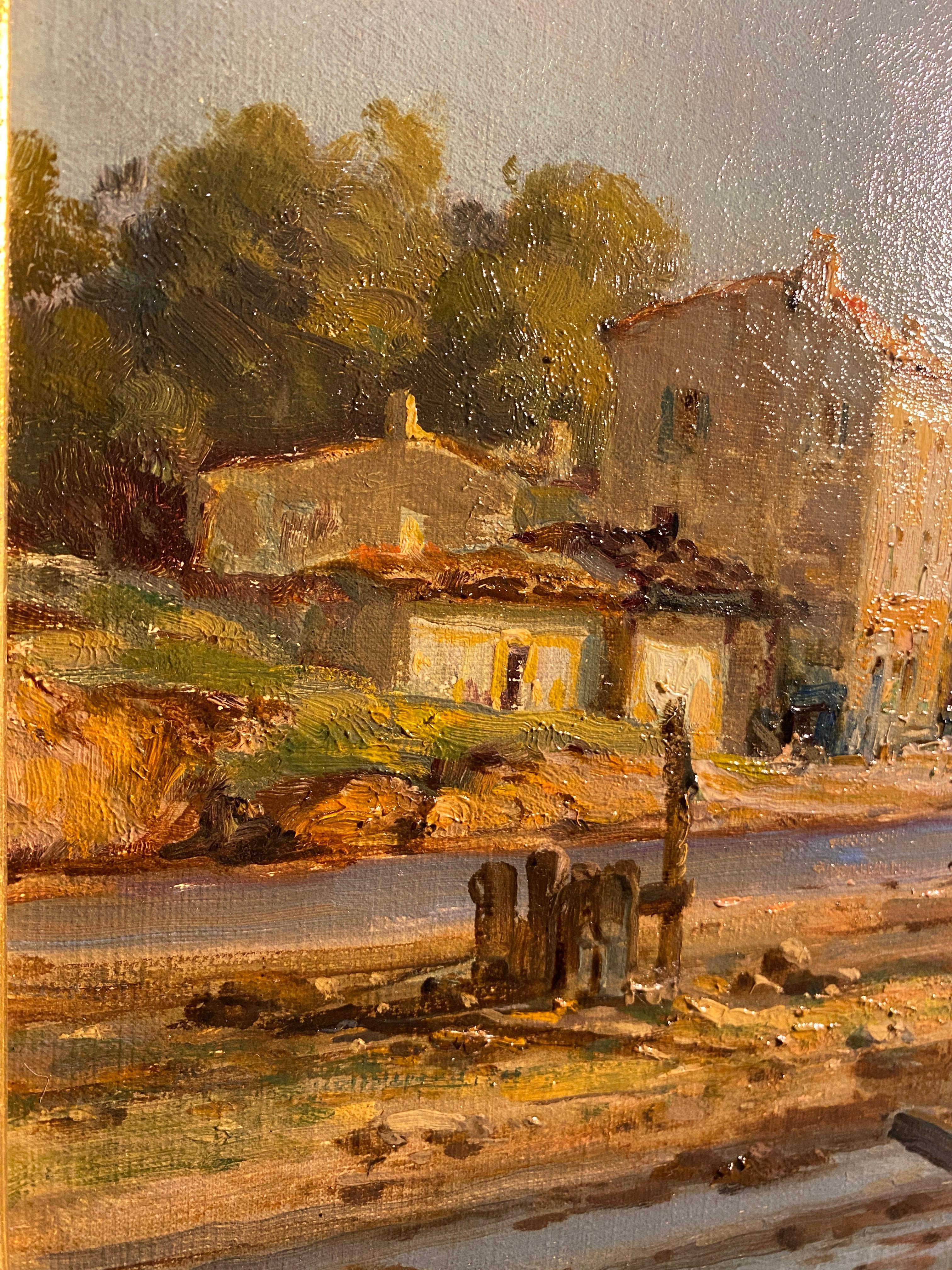 Merveilleux tableau, huile sur toile, représentant la vue d'un village de pêcheurs, probablement en Provence. Le style de peinture se rapproche du mouvement Impressionniste, les couleurs sont absolument merveilleuses.
Son cadre, de style Louis XV,