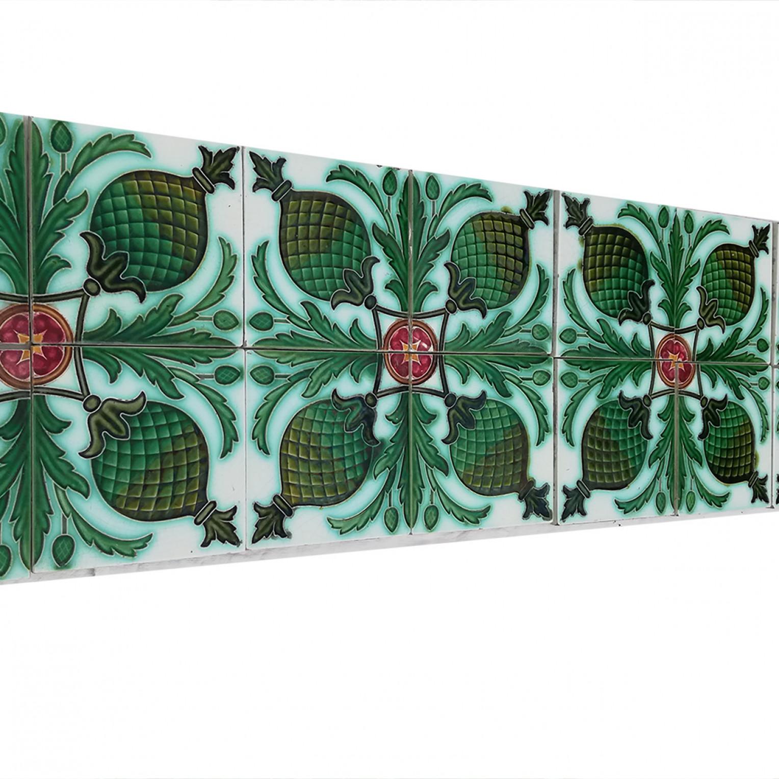 Tableau of 16 Green Glazed Relief Tiles Set by, Belgium In Good Condition For Sale In Rijssen, NL