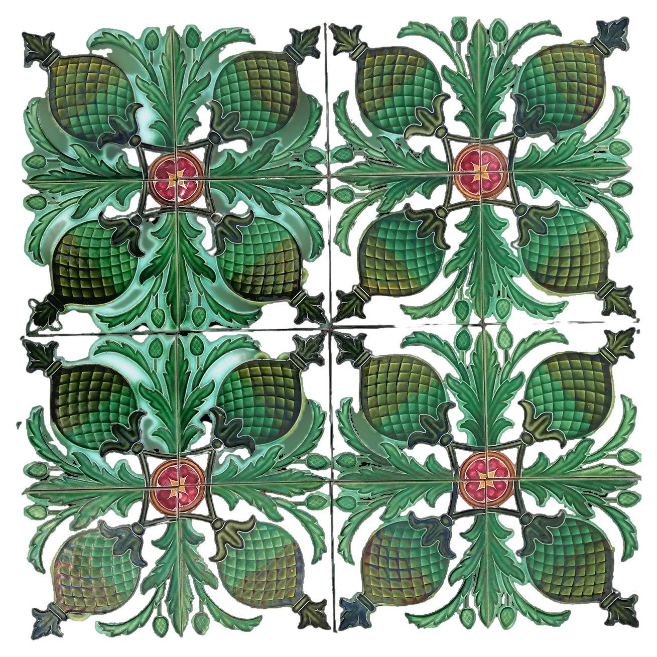 Tableau of 16 Green Glazed Relief Tiles Set by, Belgium