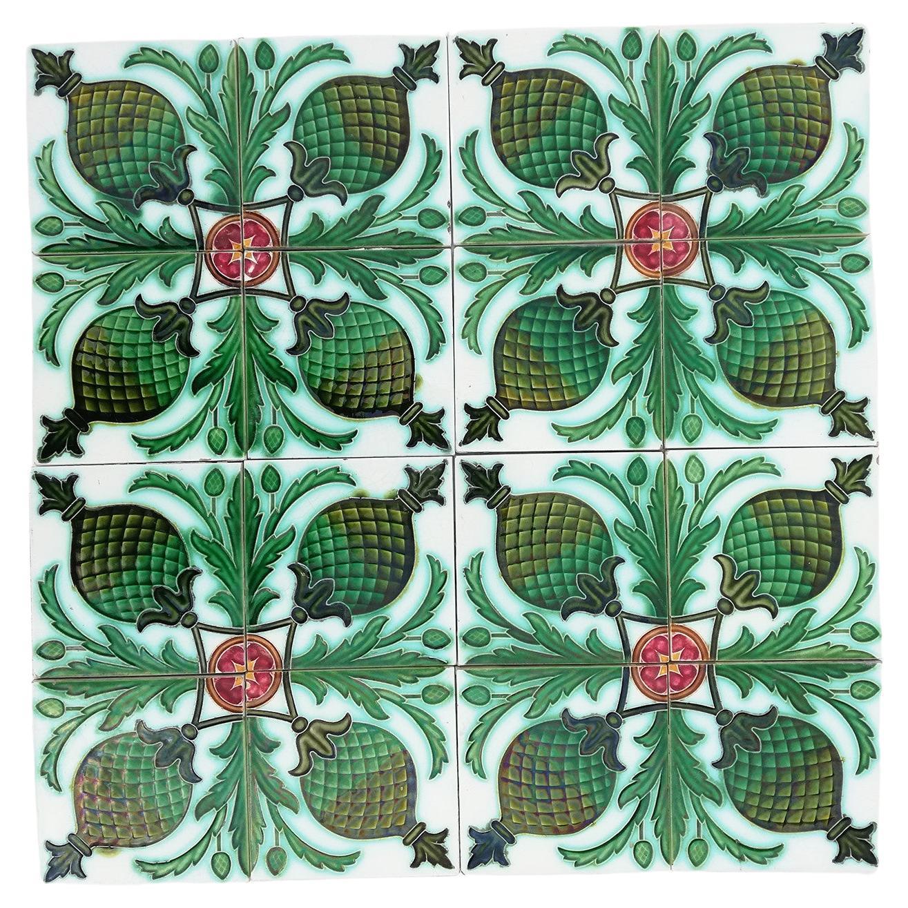 Tableau of 16 Green Glazed Relief Tiles Set by, Belgium For Sale