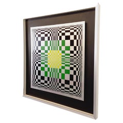 Tableau type sérigraphie en damier cinétique sur aluminium, design abstrait