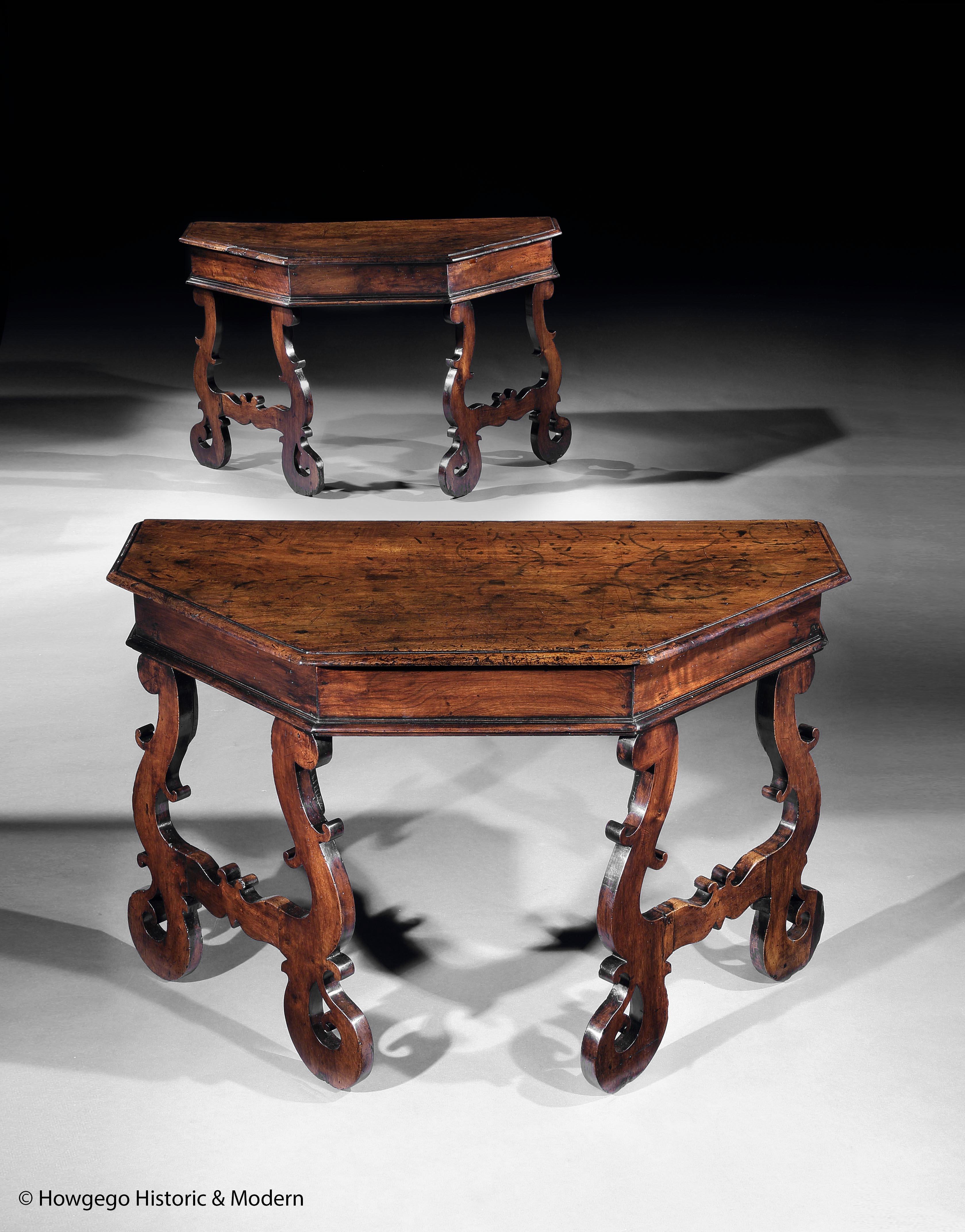 Rare, Umbrian, baroque, trestle, Scantonata configuring both as a pair of consoles & an octagonal, center table.

- Versatile, Baroque design - the only early model of table that was conceived as two elements standing together as a centre table or