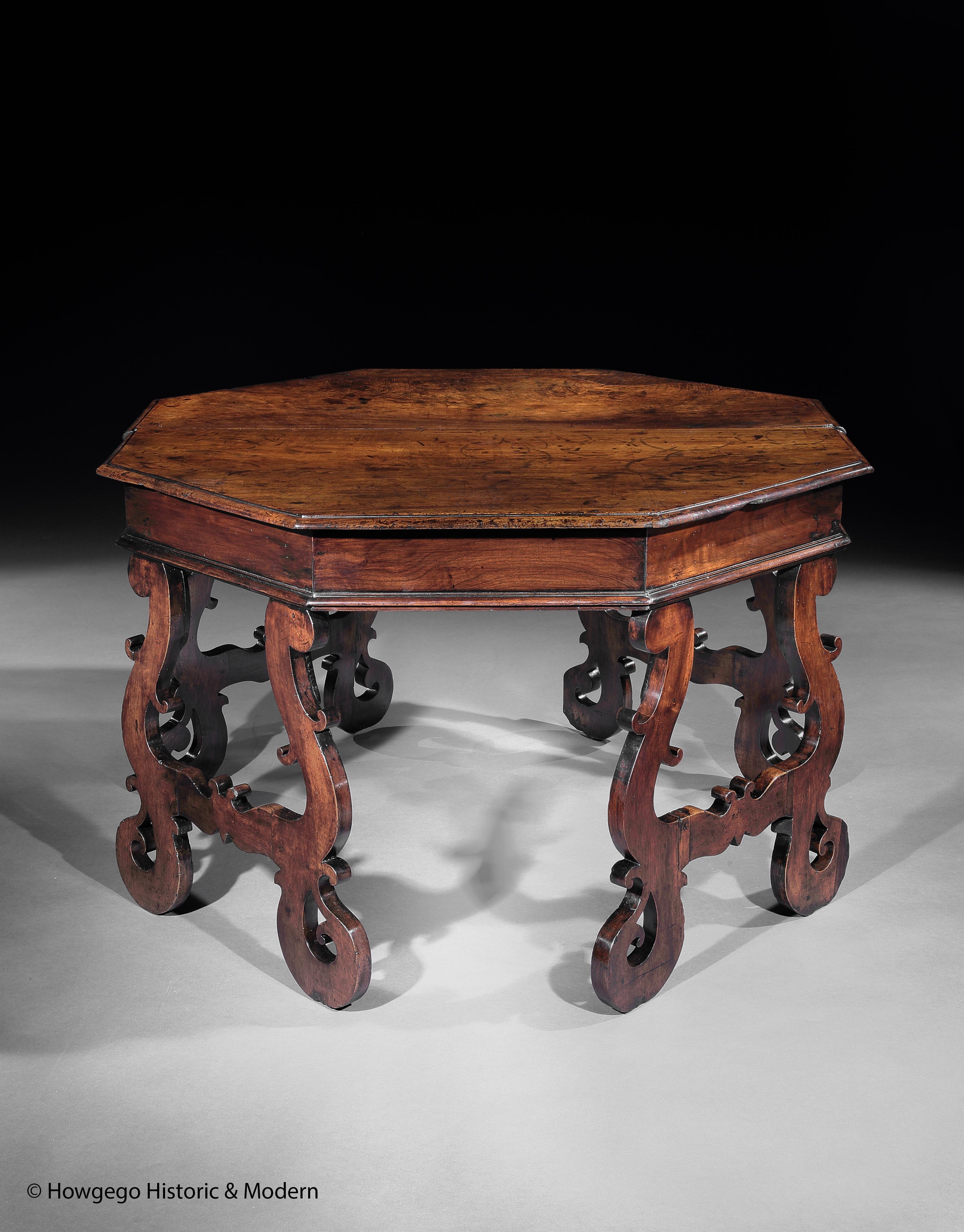 Baroque Tables Pair Console Centre Umbria Italy Walnut Lyre Trestle Scantonata Octagonal For Sale