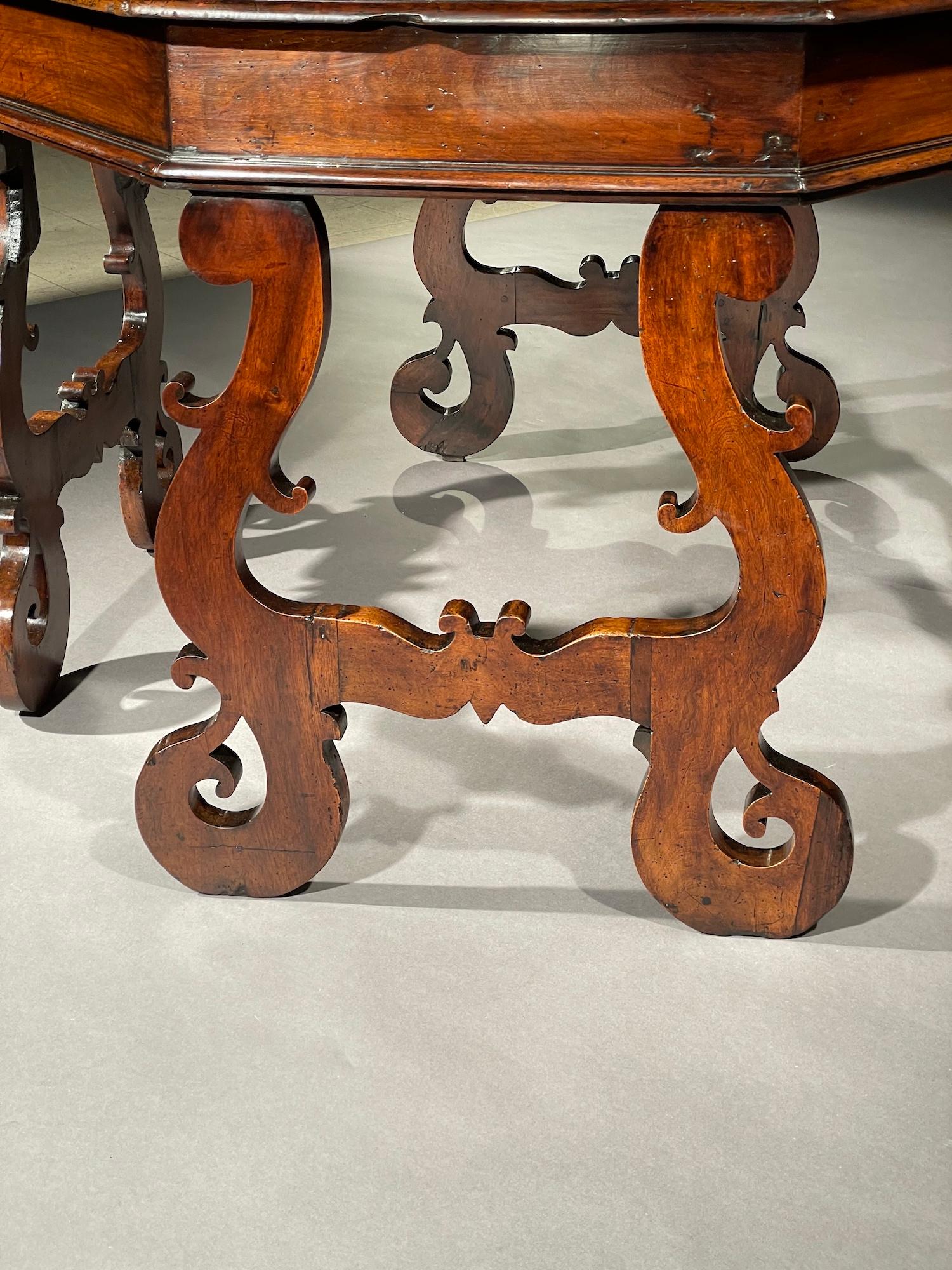 Late 17th Century Tables Pair Console Centre Umbria Italy Walnut Lyre Trestle Scantonata Octagonal For Sale