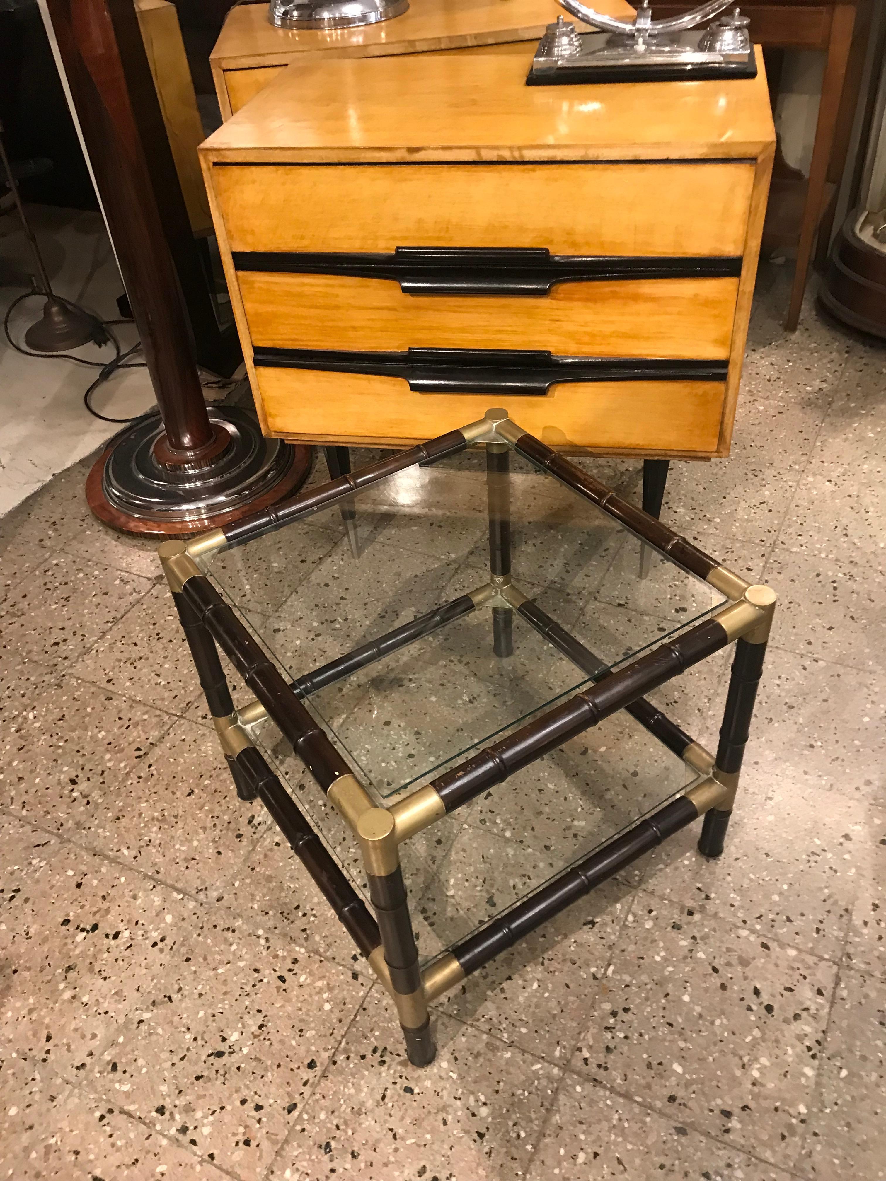 Mid-Century Modern Tables with Wood, glass and Bronze For Sale