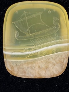 Tablet Shape Hand Carved Lime Banded Agate Ancient Galley Sailing