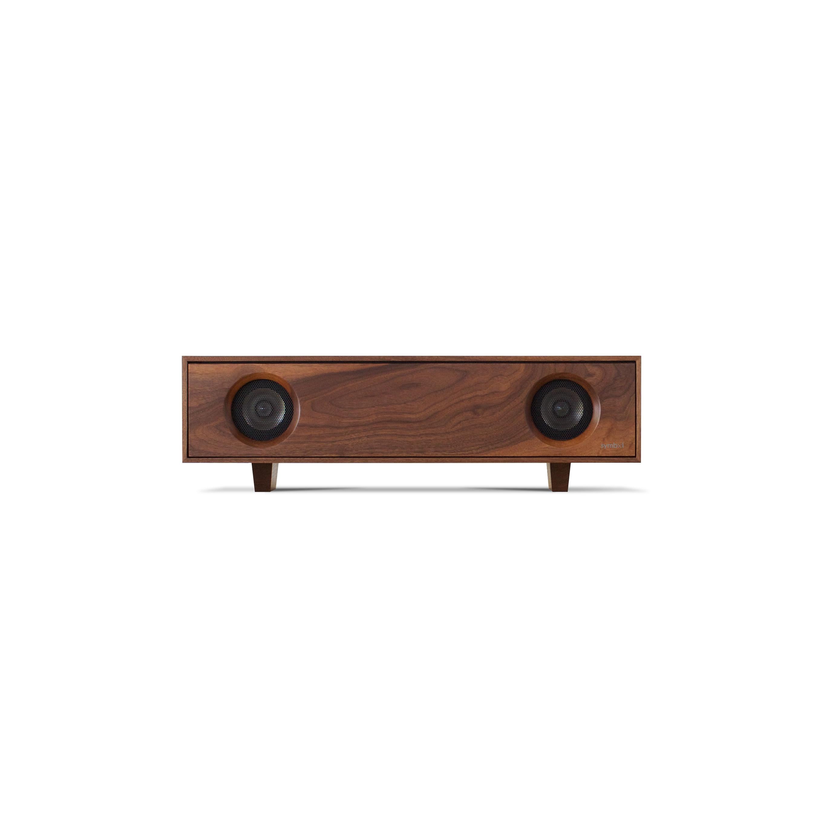 Modern Tabletop HiFi Speaker Natural Walnut Cabinet with Glacier White Speaker Front