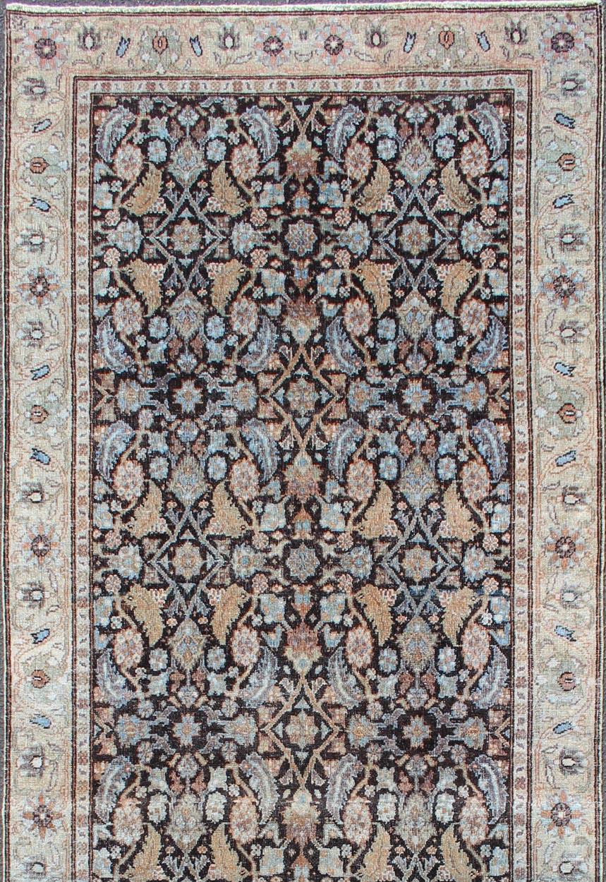 Tabriz antique Persian Runner with all-over Herati design in black background and multi colors throughout.
Persian Tabriz antique runner with dark background and all-over design, rug SUS-1909-447, country of origin / type: Iran / Tabriz, circa