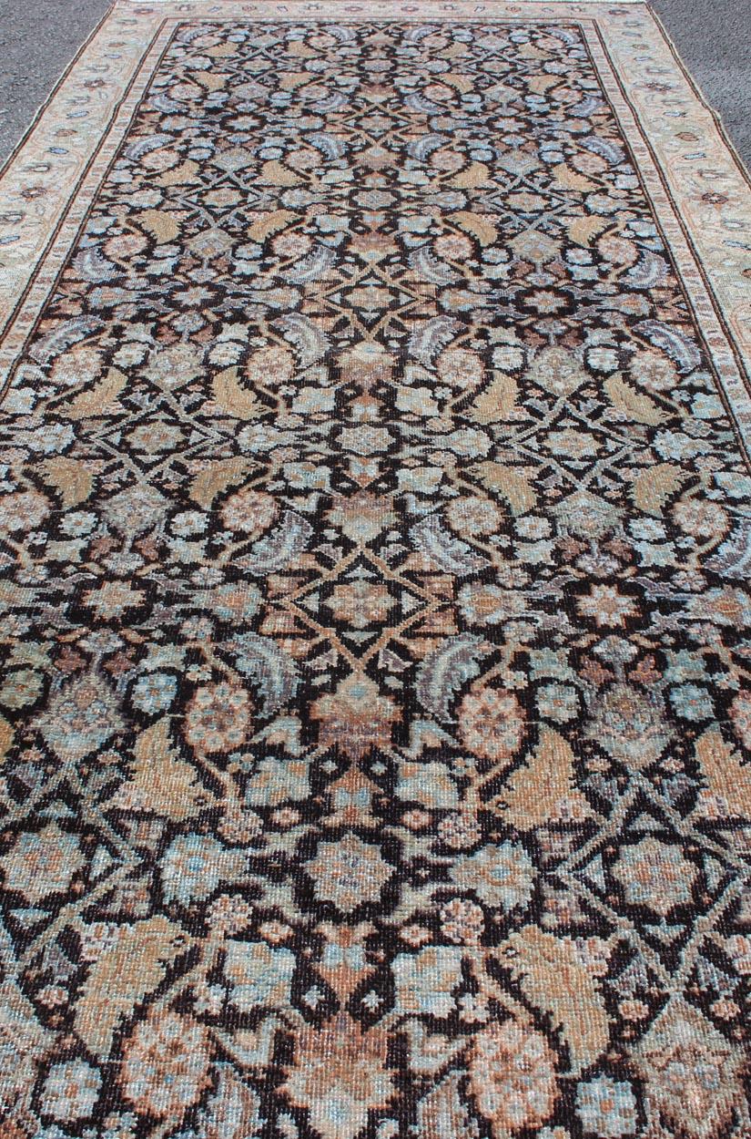 Wool Multi Color Antique Persian Tabriz Runner with Herati Design in Black Background