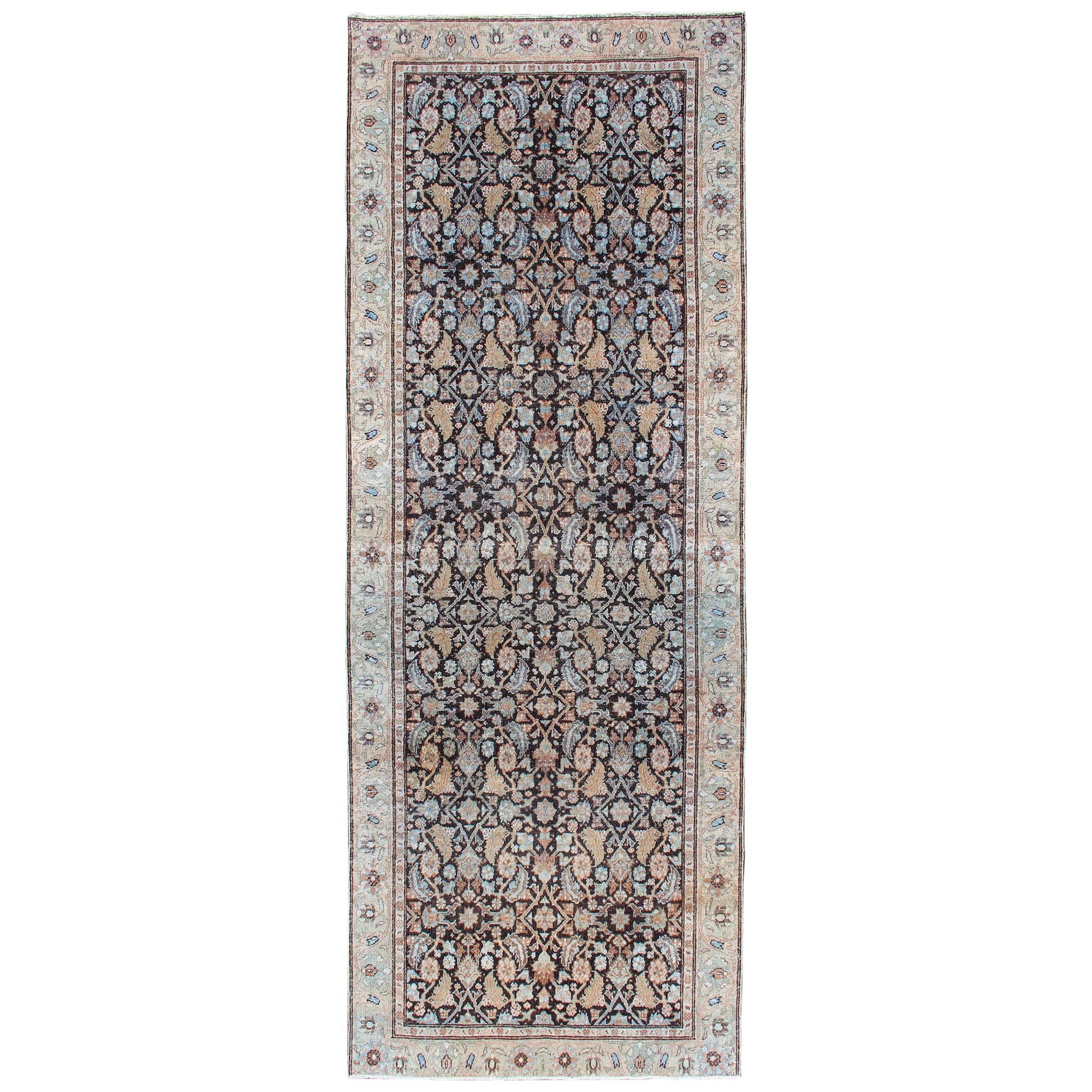 Multi Color Antique Persian Tabriz Runner with Herati Design in Black Background