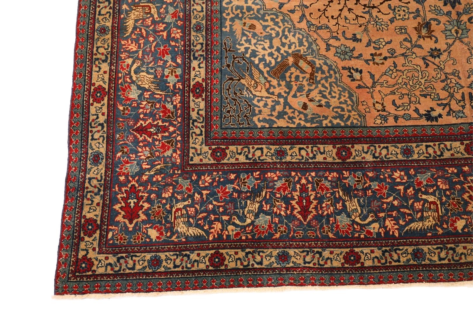 Hand-Knotted Tabriz Antique Rug, Salmon Blue - 10'10