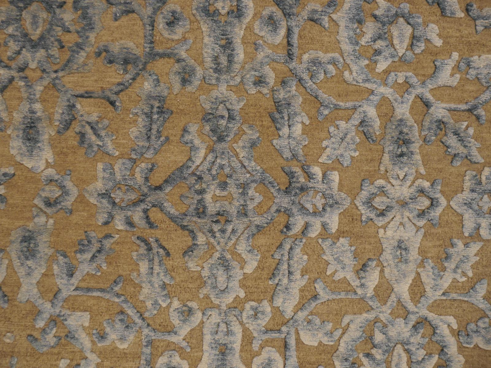 Contemporary Tabriz Erased Modern Design Persian Rug Hand Knotted Wool and Silk Tan Blue For Sale