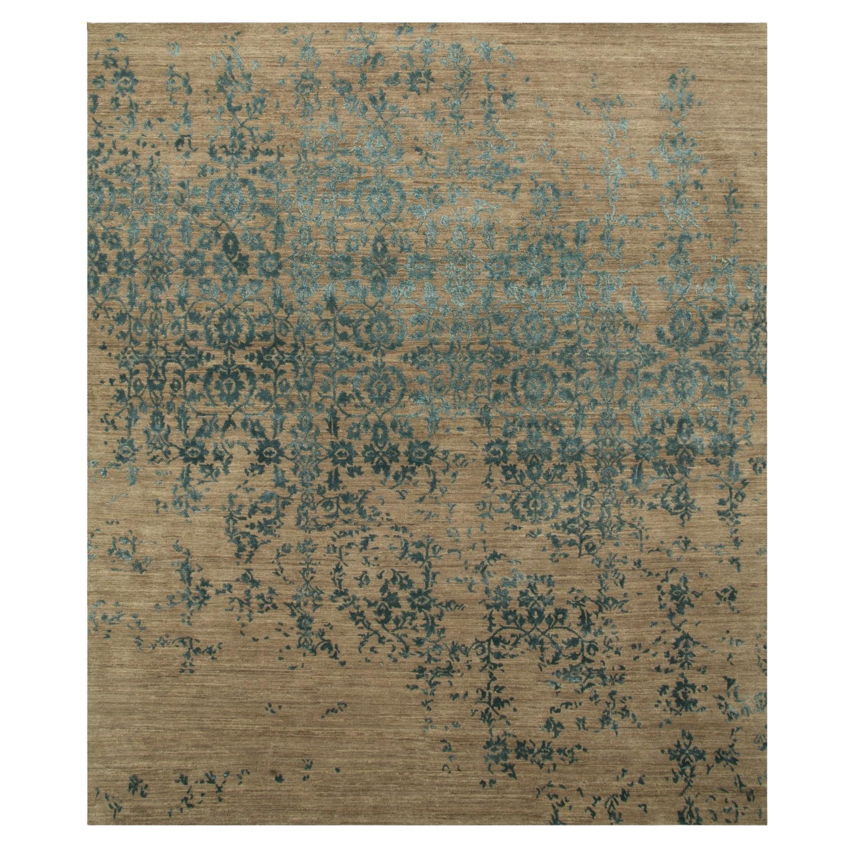 Tabriz Erased Modern Design Persian Rug Hand Knotted Wool and Silk Tan Blue For Sale