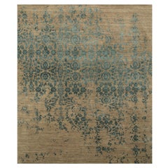 Tabriz Erased Modern Design Persian Rug Hand Knotted Wool and Silk Tan Blue