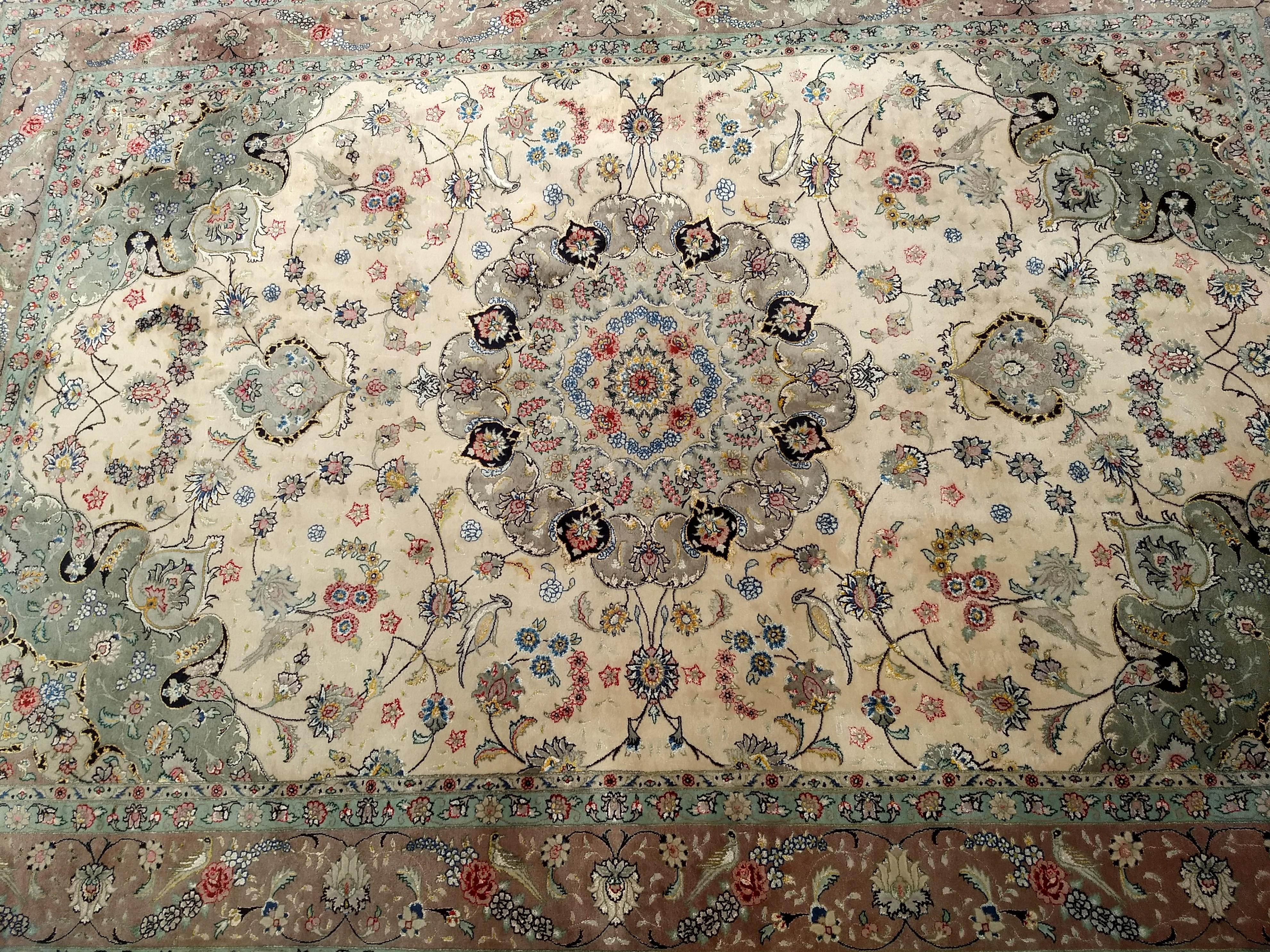 Vintage Persian Tabriz Room Size Rug in a Floral Pattern in Ivory, Taupe, Sage For Sale 5