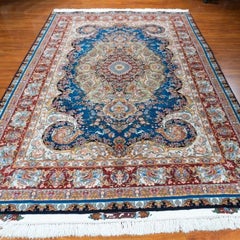 Tabriz Hand-Knotted Wool & Silk Rug, Turkish Floral Design, 6'8" x 10'