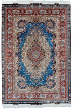 Tabriz Hand-Knotted Wool & Silk Rug, Turkish Floral Design, 6'8" x 10'