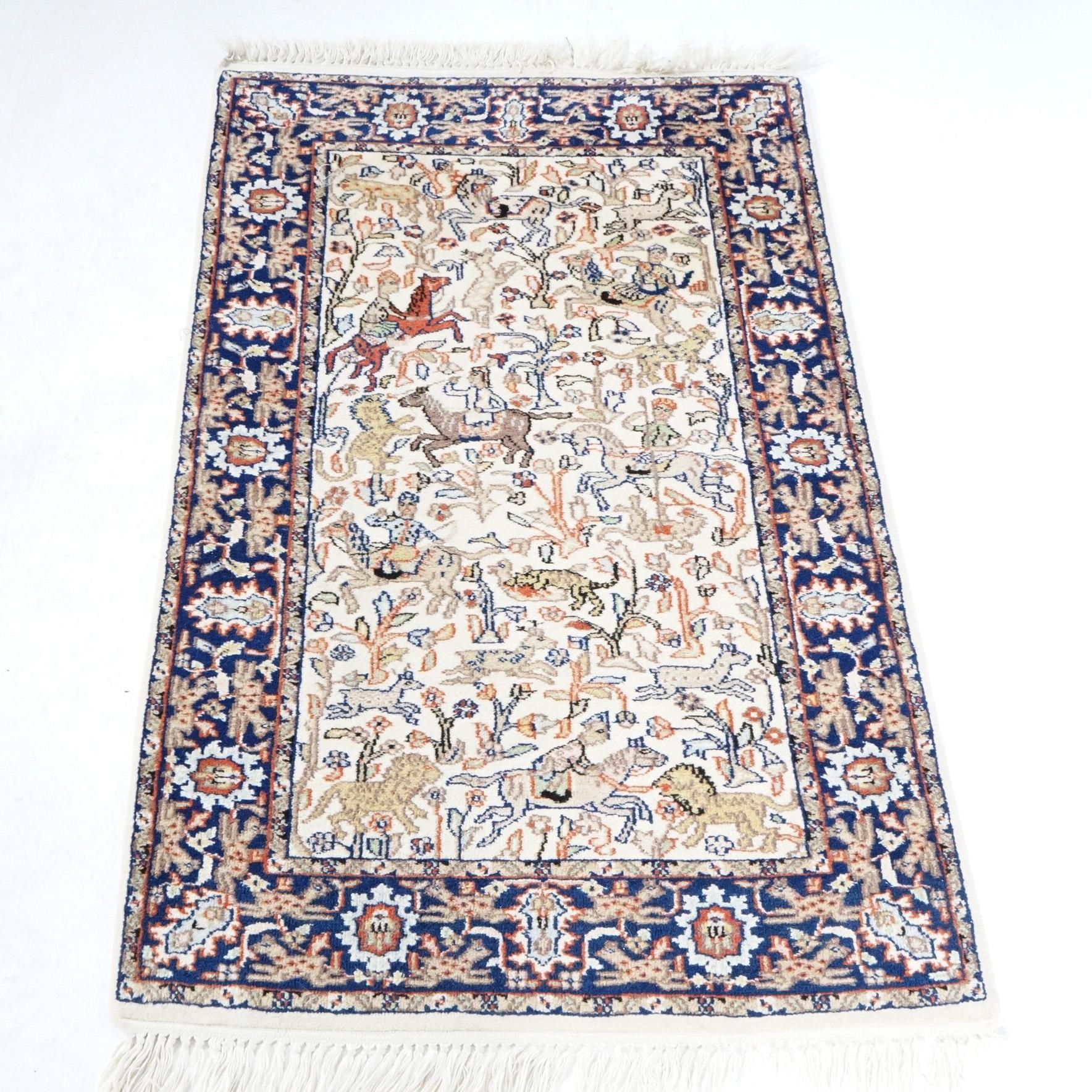 Tabriz Oriental Wool Hunt Rug with Figures & Animals, 20th Century For Sale 3