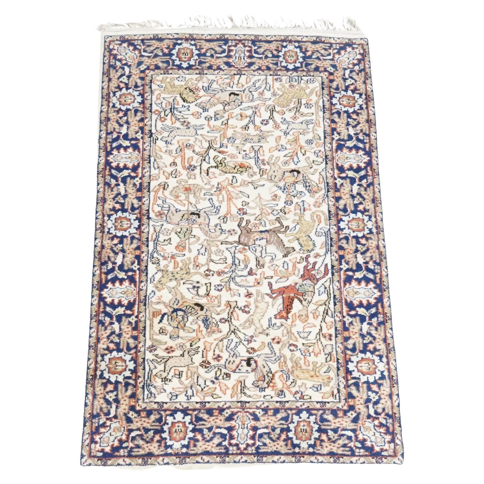 Tabriz Oriental Wool Hunt Rug with Figures & Animals, 20th Century