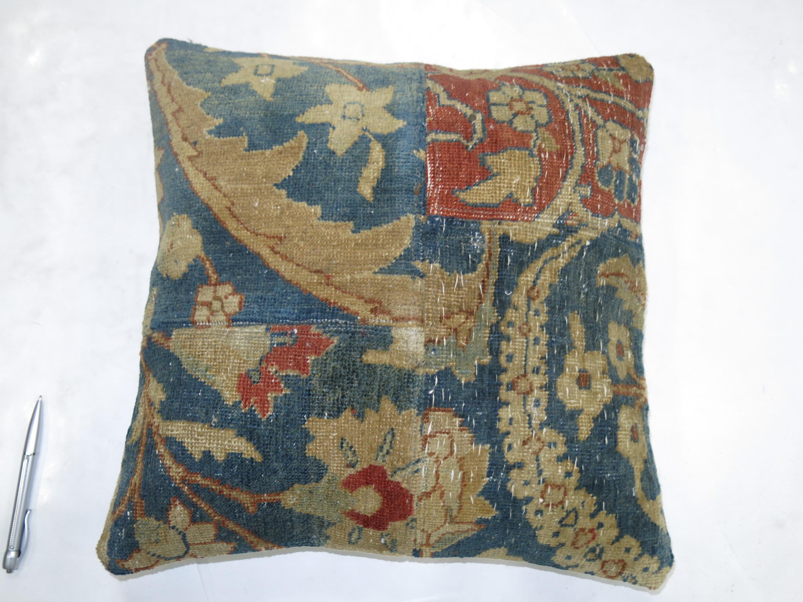 Blue Antique Tabriz Rug Pillow In Good Condition In New York, NY