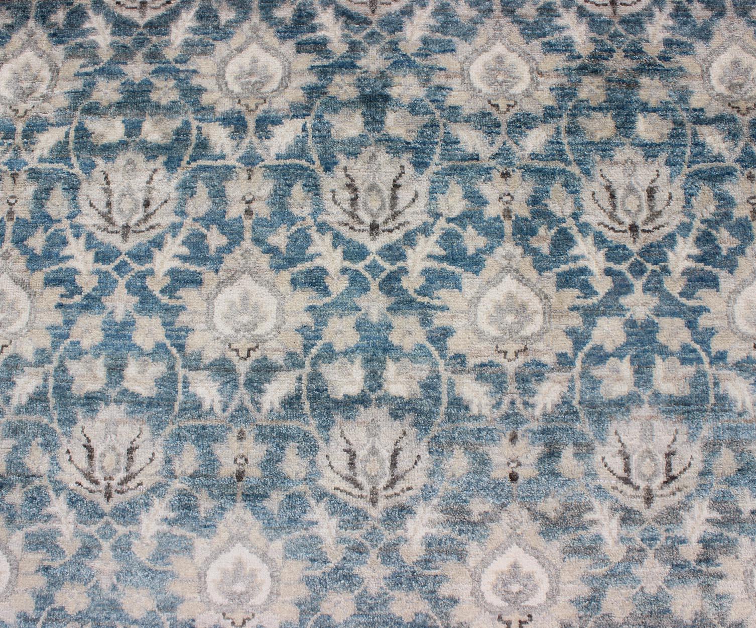 Tabriz Rug with All-Over Design in Blue, Gray and Brown by Keivan Woven Arts. 
Measures: 8'0 x 10'0
This hand knotted Tabriz rug features a beautiful all-over design rendered in grays, silver, and charcoal and blue tones. The entirety of the piece