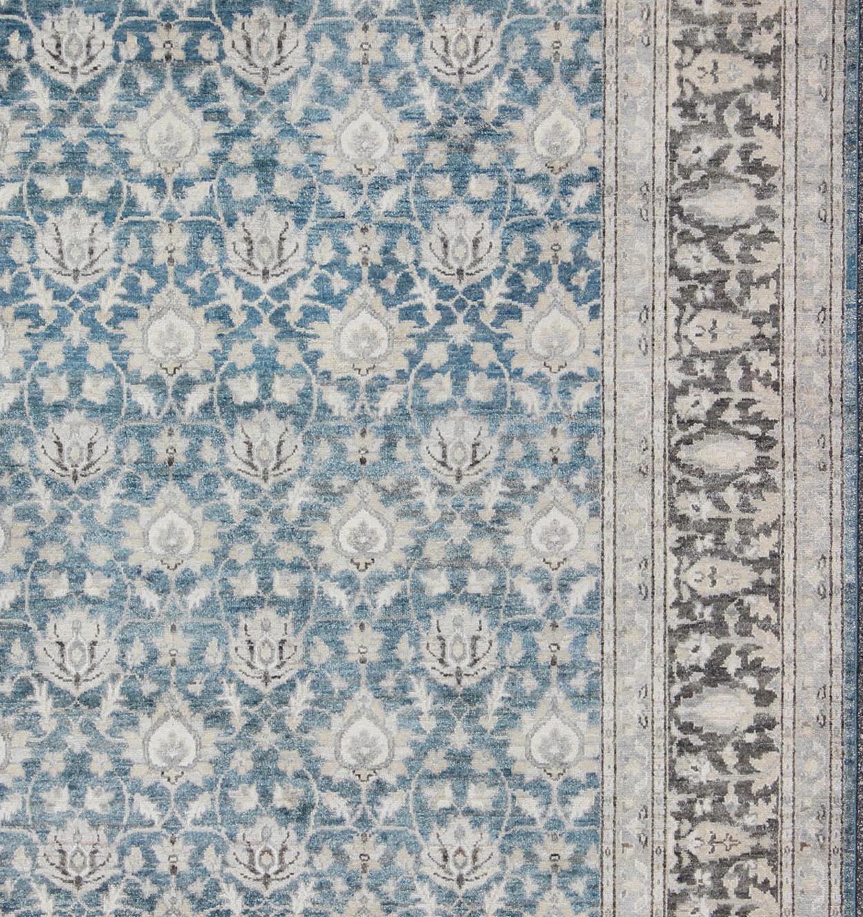 Contemporary Tabriz Rug with All-Over Design in Blue, Gray and Brown by Keivan Woven Arts For Sale